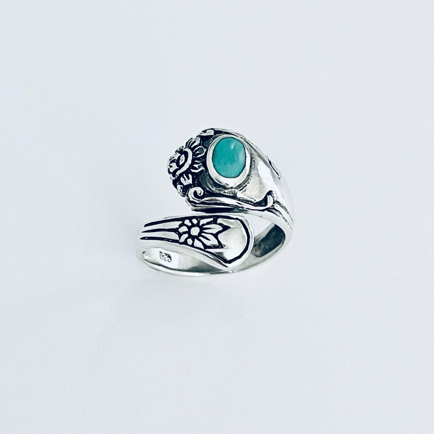 Sterling Silver Spoon Style Flower Ring with Turquoise, Statement Stone Silver Rings