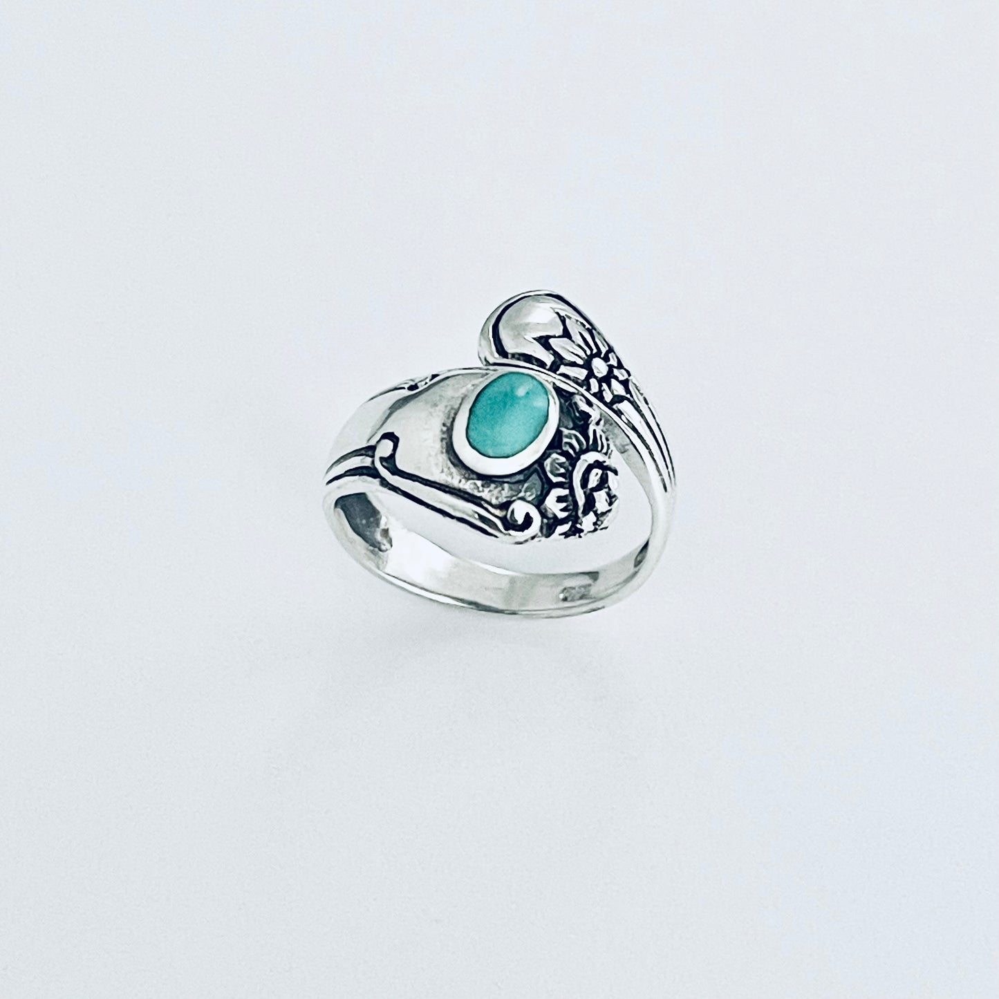 Sterling Silver Spoon Style Flower Ring with Turquoise, Statement Stone Silver Rings