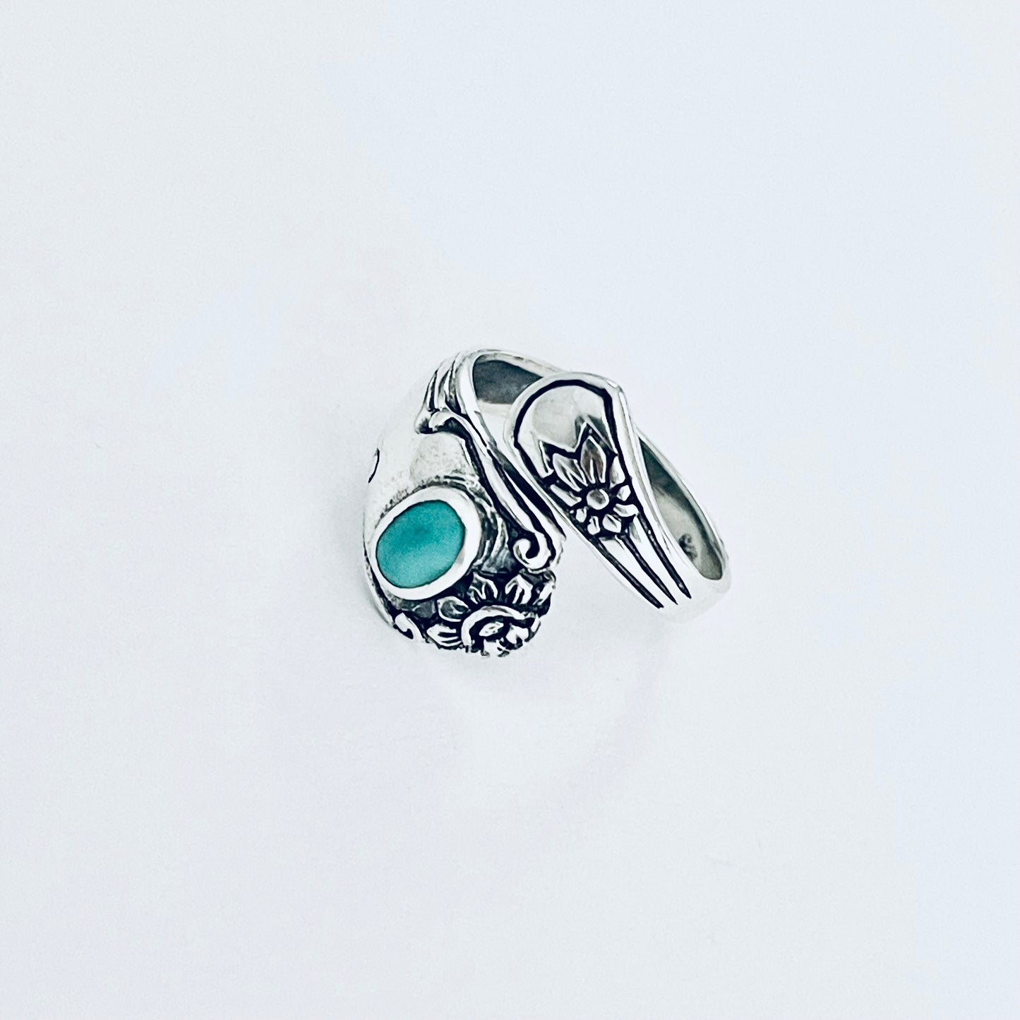 Sterling Silver Spoon Style Flower Ring with Turquoise, Statement Stone Silver Rings