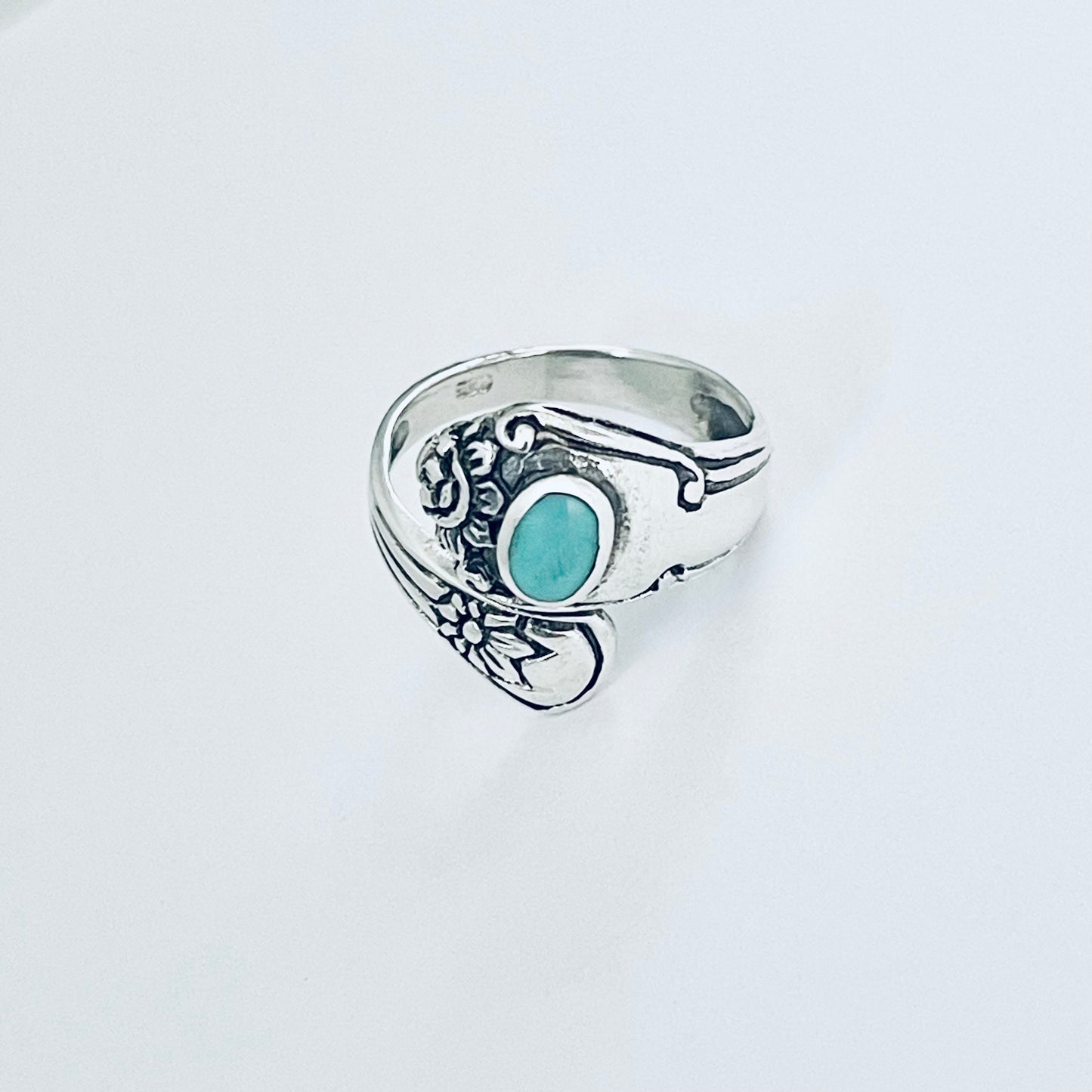 Sterling Silver Spoon Style Flower Ring with Turquoise, Statement Stone Silver Rings
