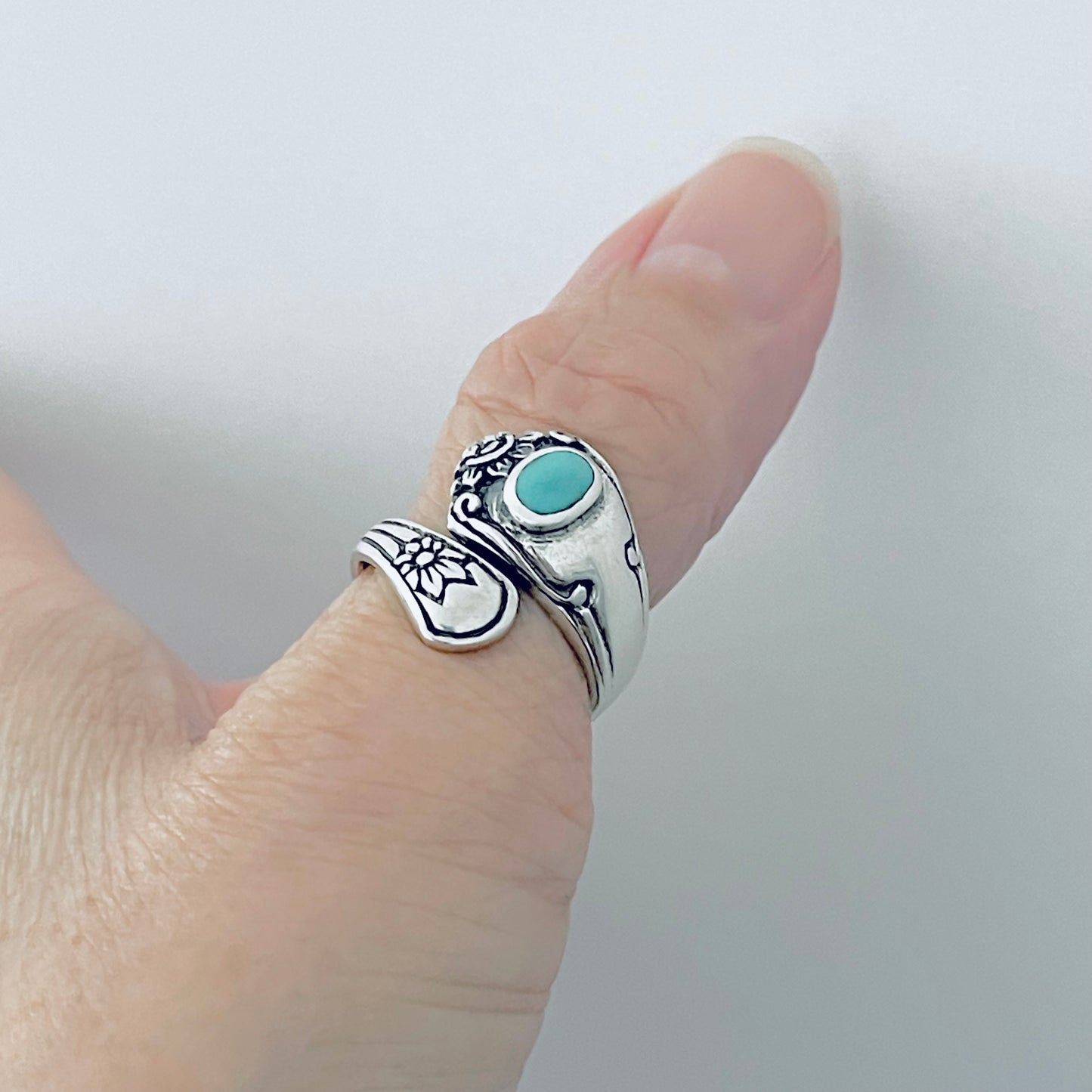 Sterling Silver Spoon Style Flower Ring with Turquoise, Statement Stone Silver Rings