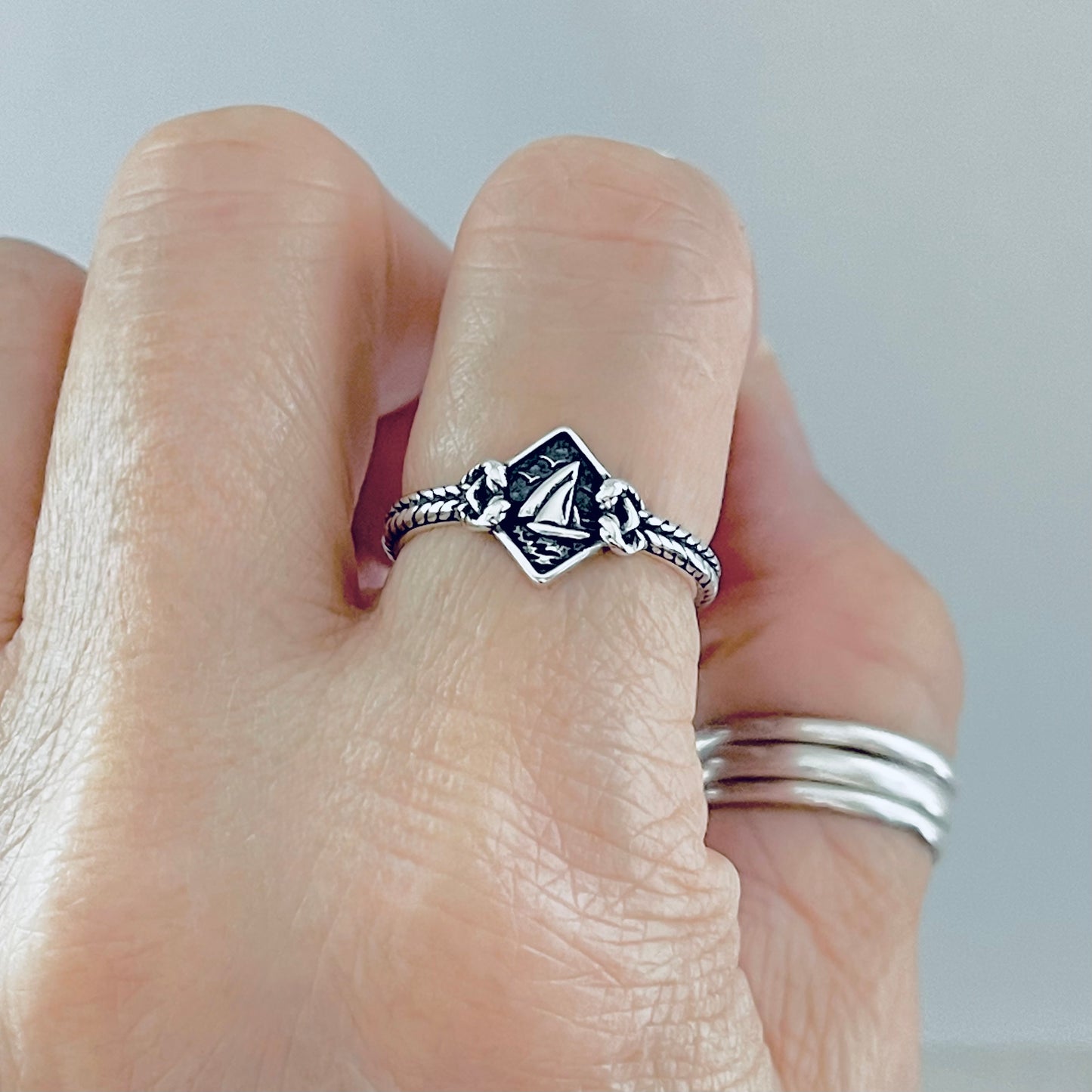Sterling Silver Birds Flying Around Sailboat Ring with Rope, Dainty Ocean Jewelry, Ship Rings