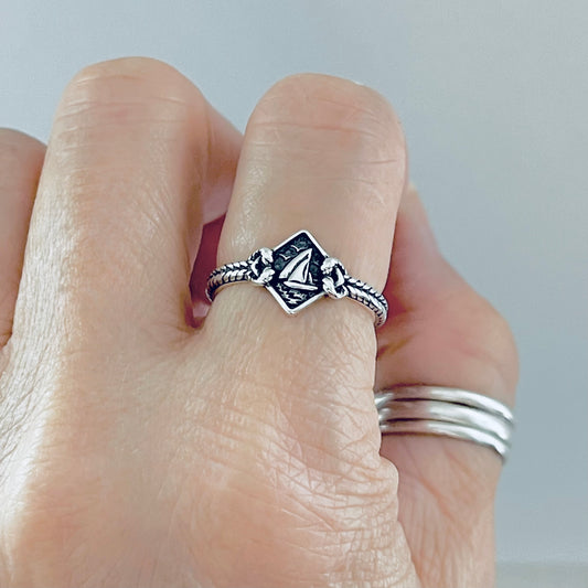 Sterling Silver Birds Flying Around Sailboat Ring with Rope, Dainty Ocean Jewelry, Ship Rings