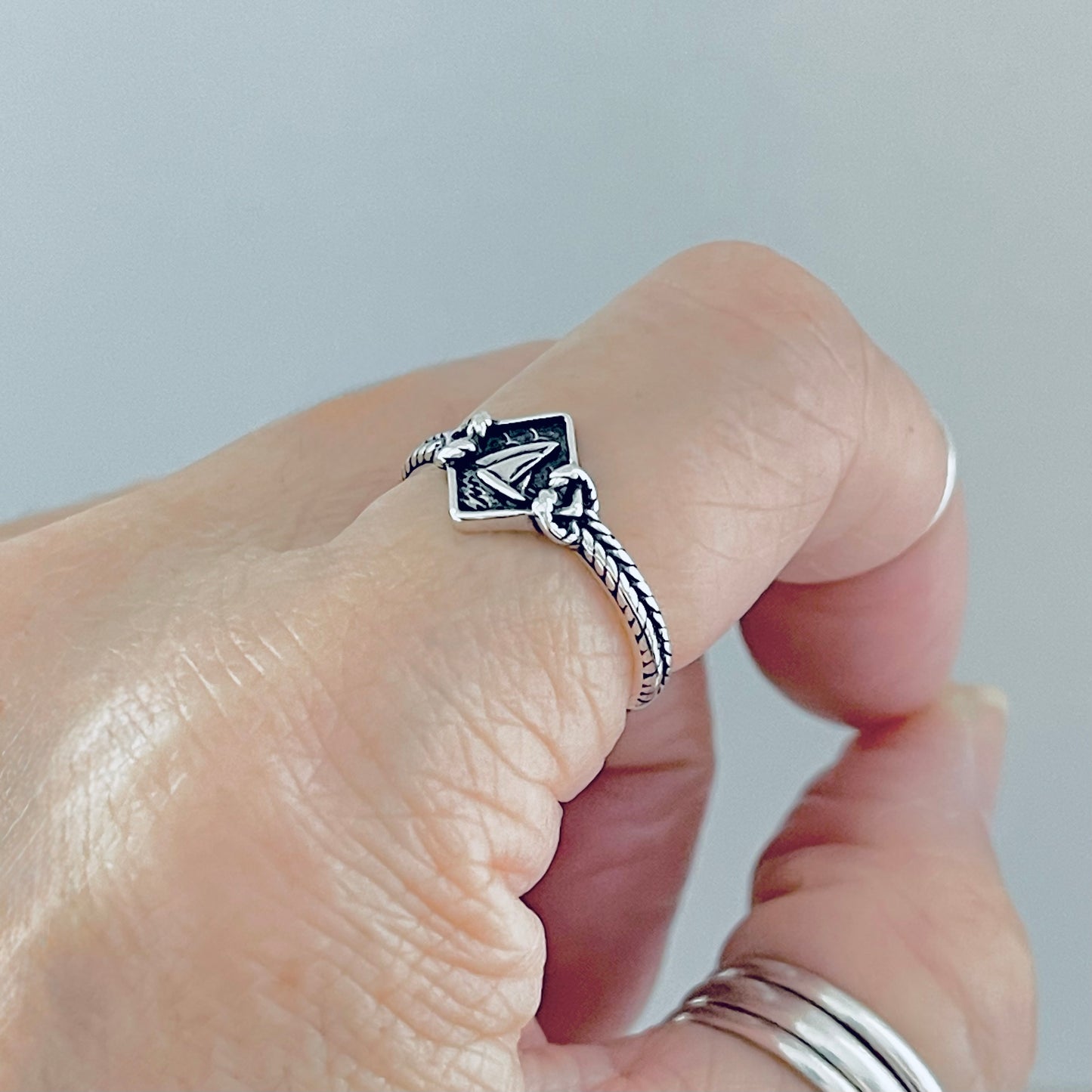 Sterling Silver Birds Flying Around Sailboat Ring with Rope, Dainty Ocean Jewelry, Ship Rings