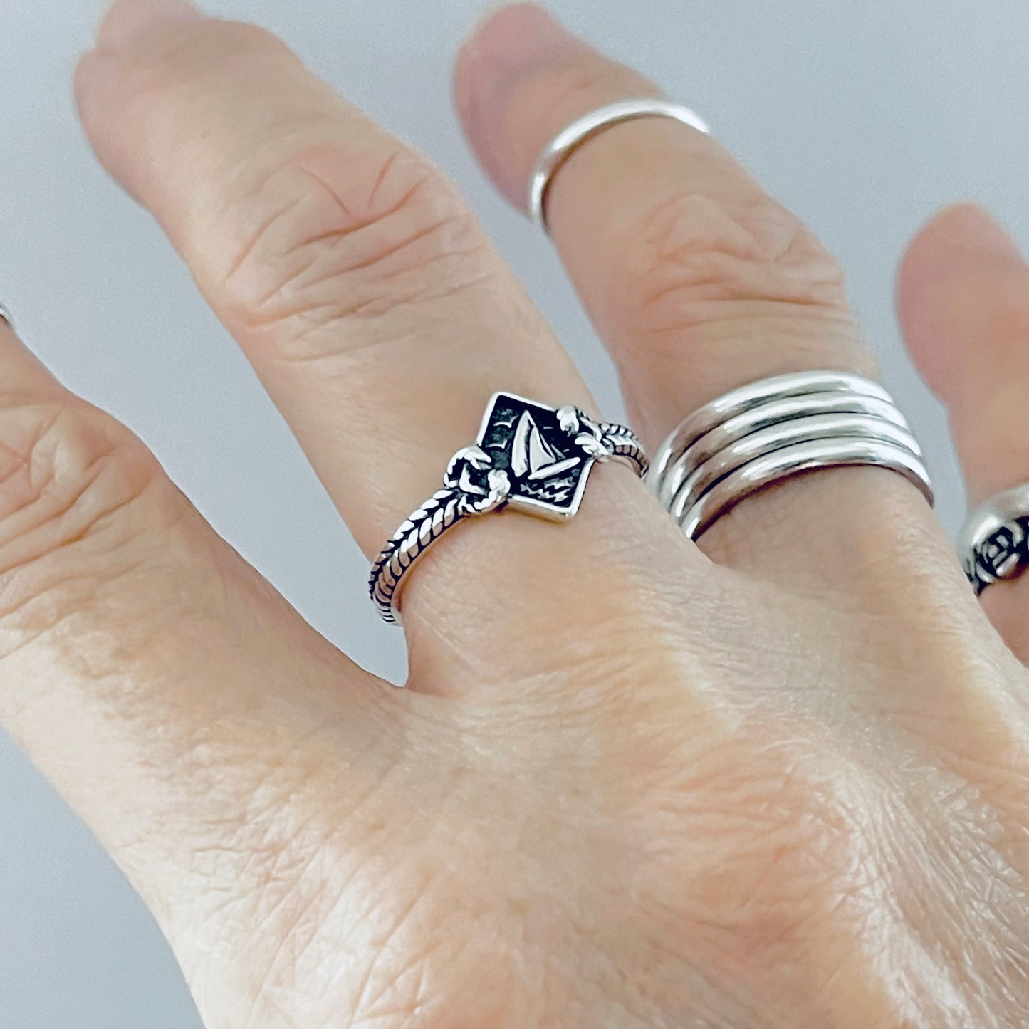 Sterling Silver Birds Flying Around Sailboat Ring with Rope, Dainty Ocean Jewelry, Ship Rings