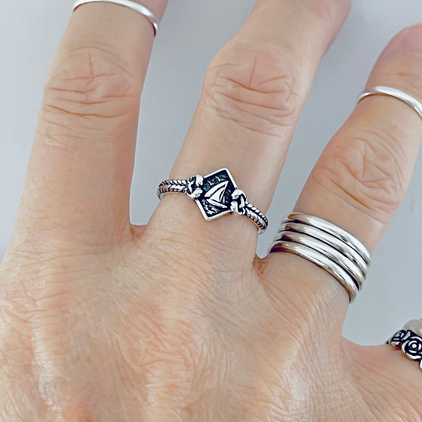 Sterling Silver Birds Flying Around Sailboat Ring with Rope, Dainty Ocean Jewelry, Ship Rings