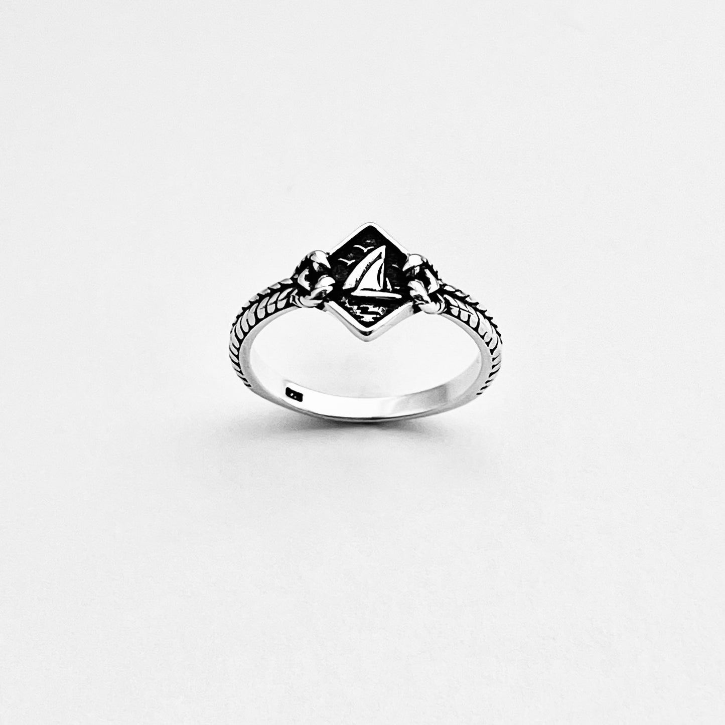 Sterling Silver Birds Flying Around Sailboat Ring with Rope, Dainty Ocean Jewelry, Ship Rings