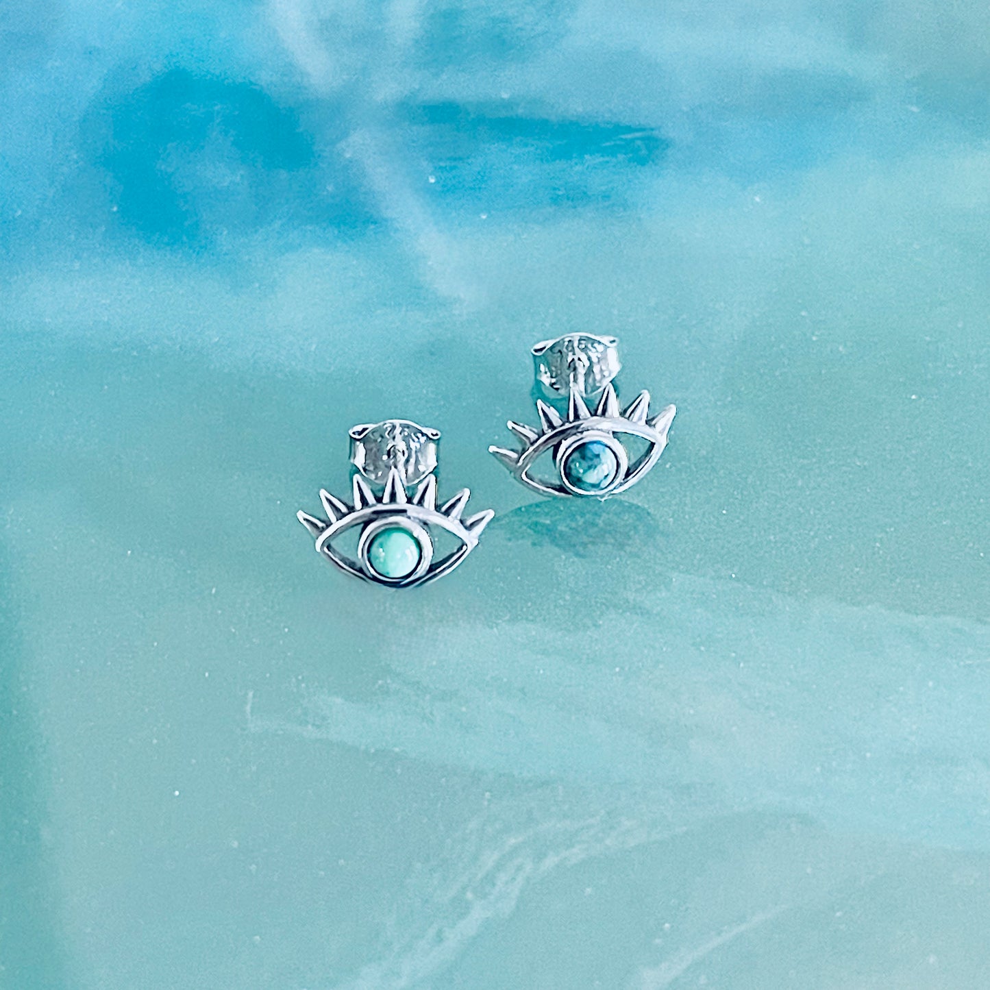 925 Sterling Silver Evil Eye Genuine Turquoise Stud Earrings | Dainty Stone Blue Eyes Earring