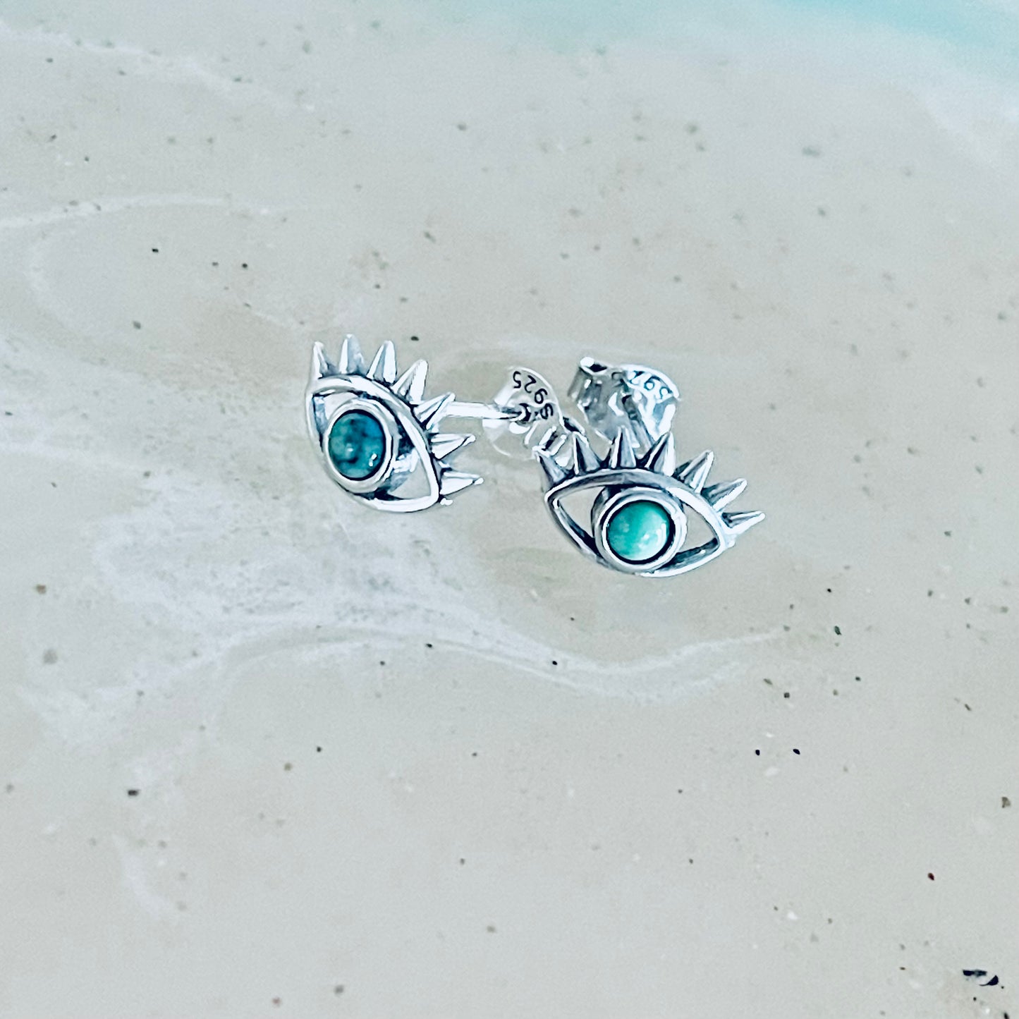 925 Sterling Silver Evil Eye Genuine Turquoise Stud Earrings | Dainty Stone Blue Eyes Earring