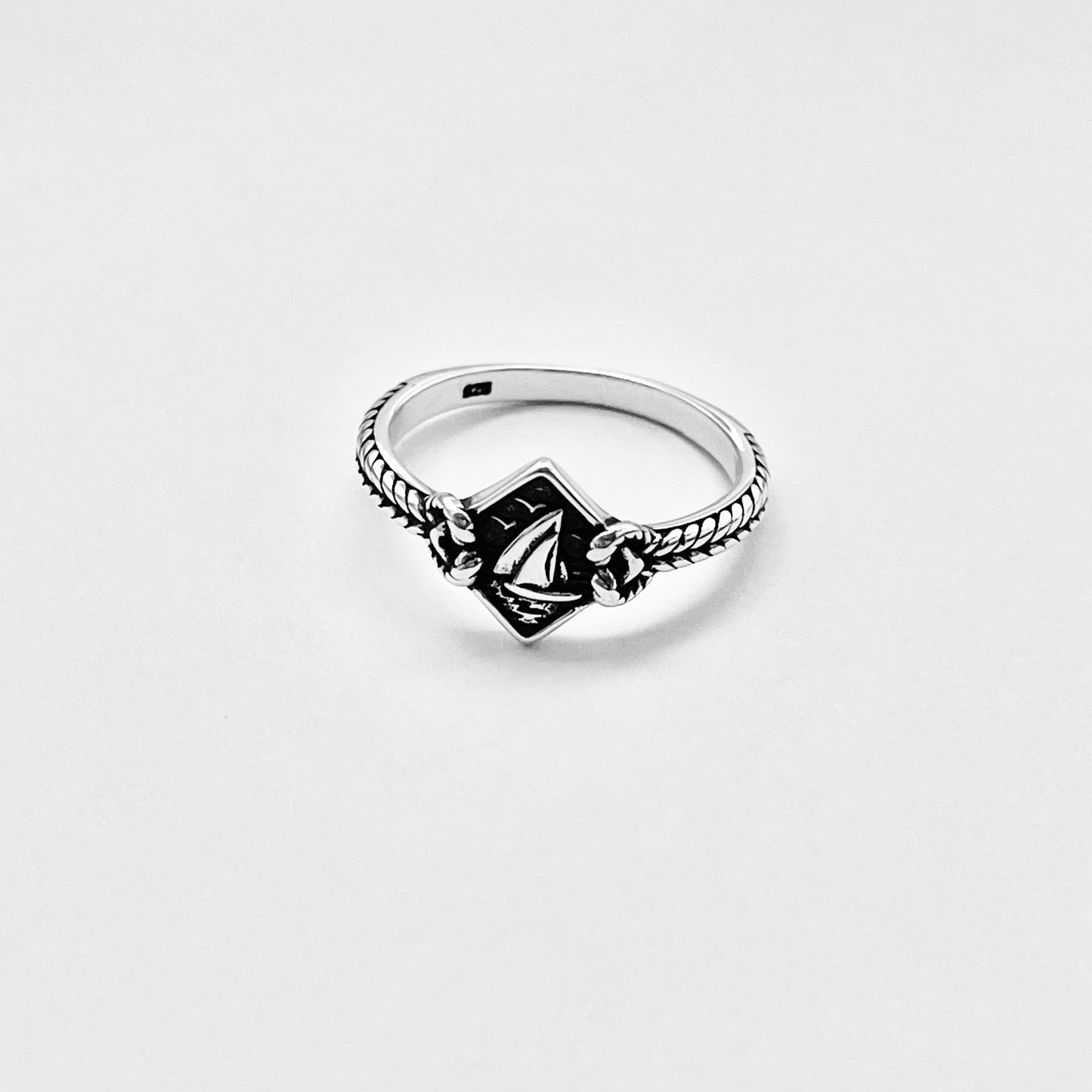 Sterling Silver Birds Flying Around Sailboat Ring with Rope, Dainty Ocean Jewelry, Ship Rings