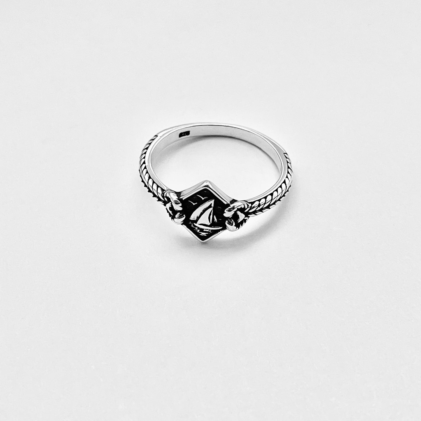 Sterling Silver Birds Flying Around Sailboat Ring with Rope, Dainty Ocean Jewelry, Ship Rings