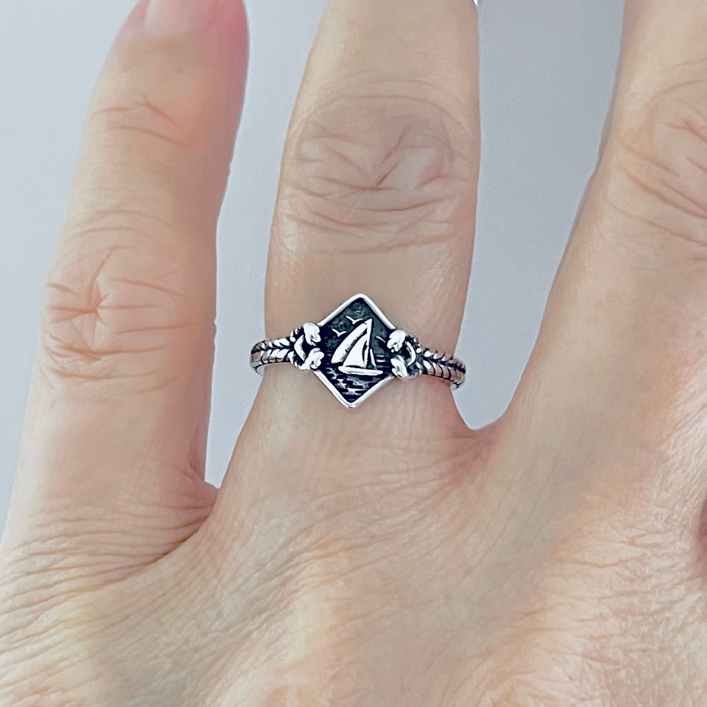 Sterling Silver Birds Flying Around Sailboat Ring with Rope, Dainty Ocean Jewelry, Ship Rings