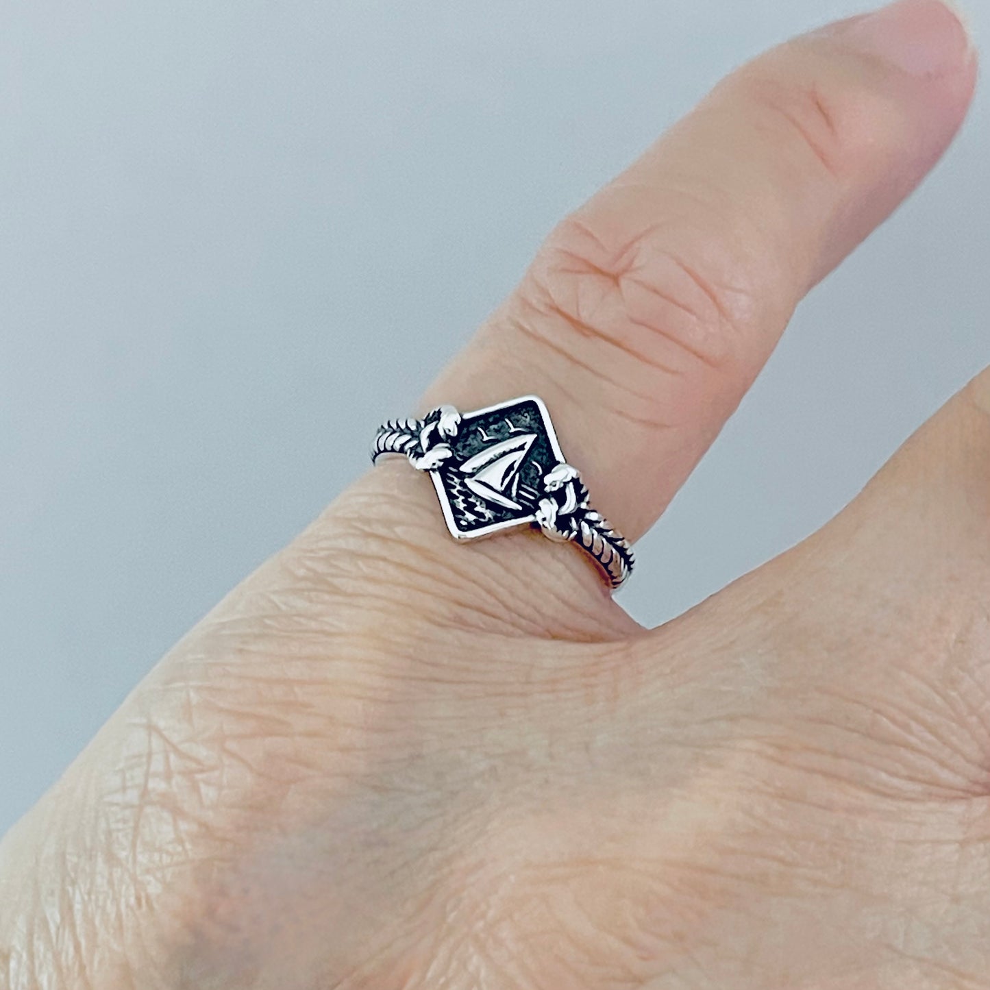 Sterling Silver Birds Flying Around Sailboat Ring with Rope, Dainty Ocean Jewelry, Ship Rings