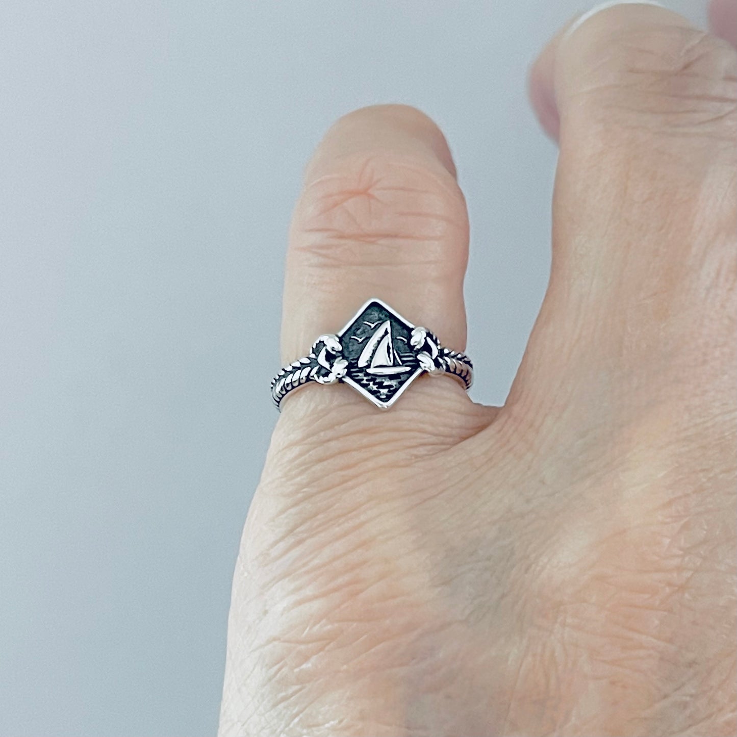 Sterling Silver Birds Flying Around Sailboat Ring with Rope, Dainty Ocean Jewelry, Ship Rings