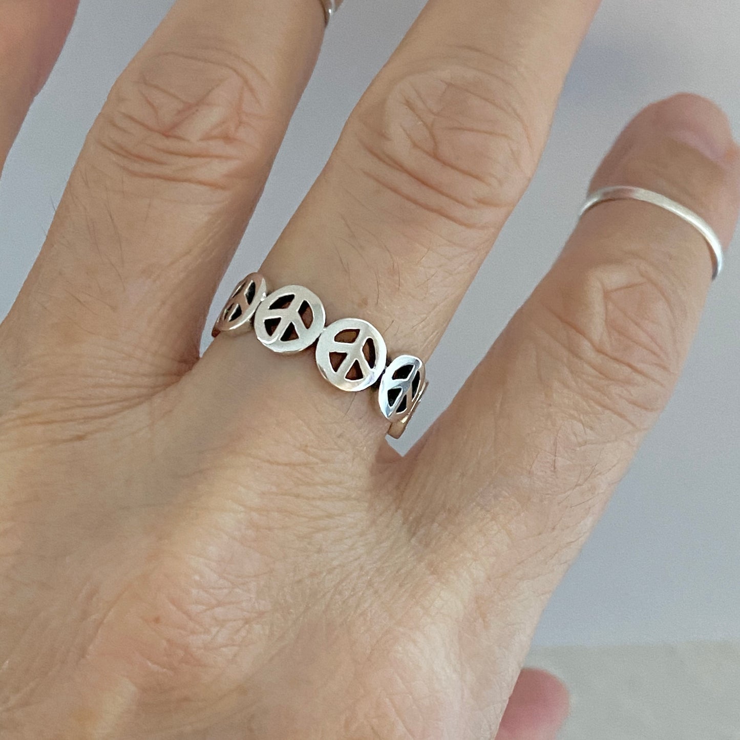 Sterling Silver Six Peace Sign Ring, Love Peace Silver Rings