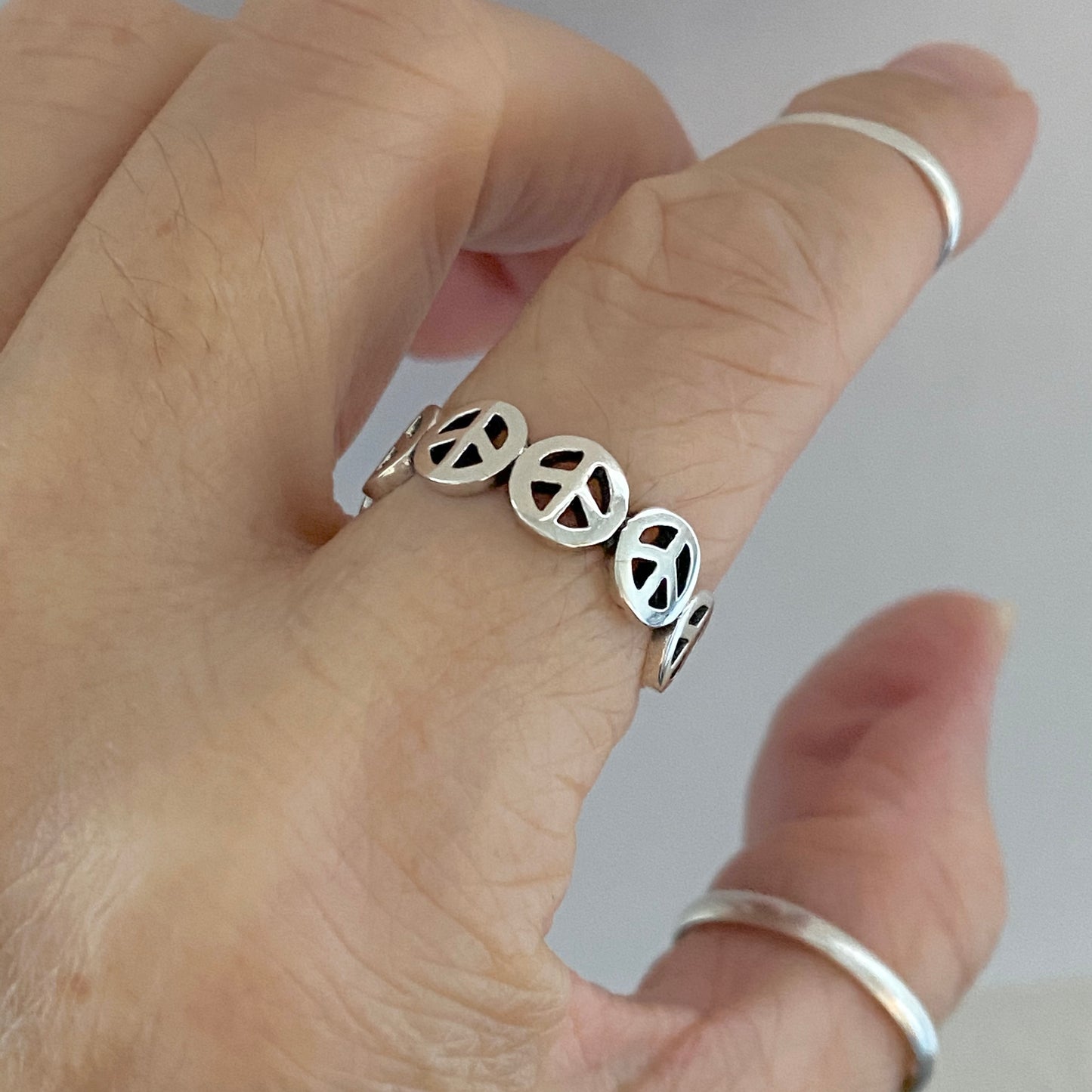 Sterling Silver Six Peace Sign Ring, Love Peace Silver Rings