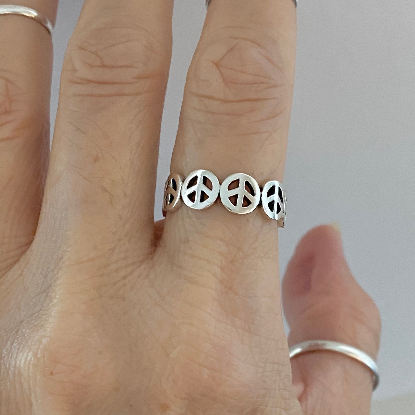 Sterling Silver Six Peace Sign Ring, Love Peace Silver Rings