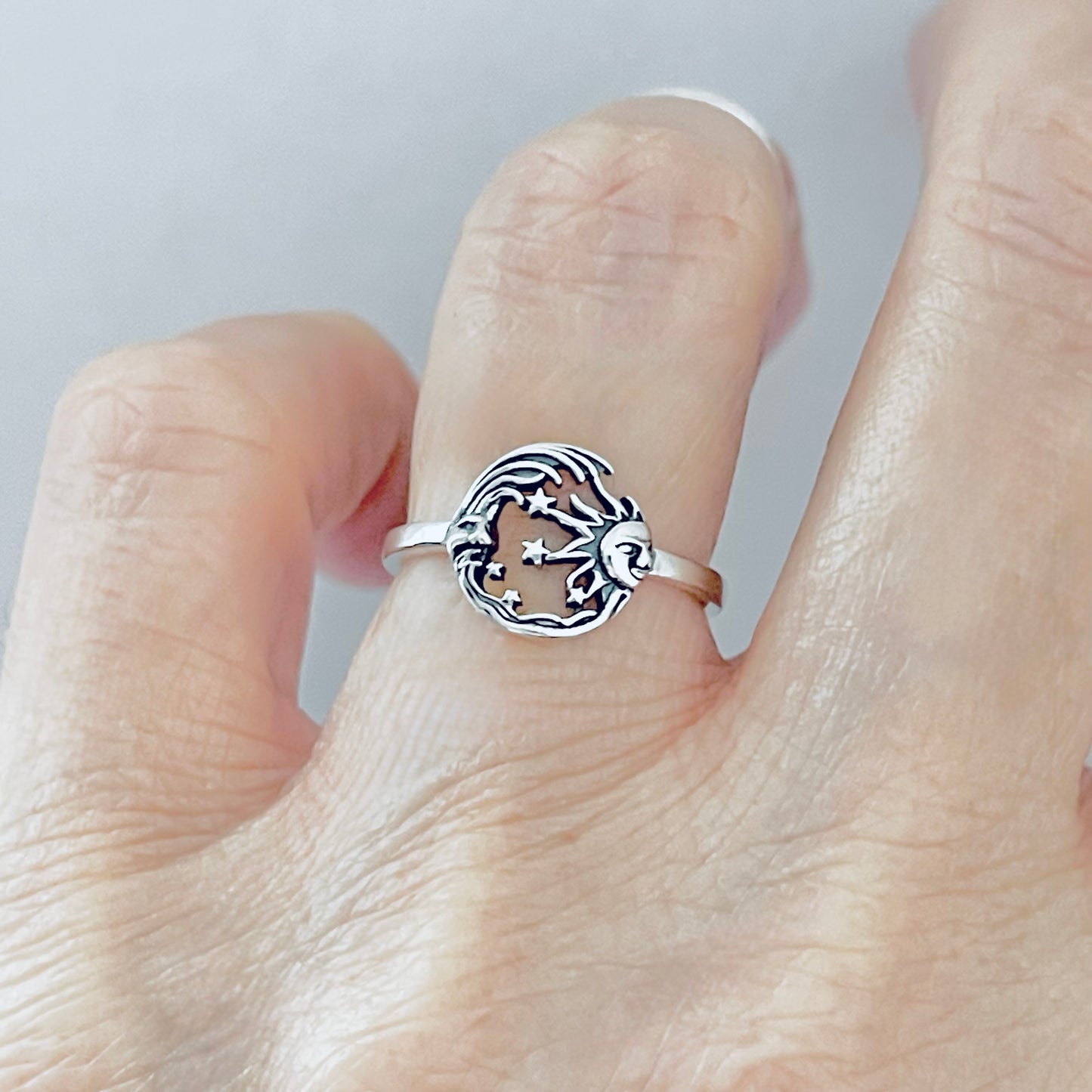 Sterling Silver Dainty Celestial Ring, Moon and Star Rings, Sunshine Jewelry