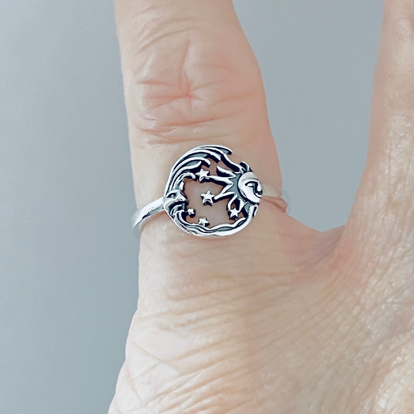 Sterling Silver Dainty Celestial Ring, Moon and Star Rings, Sunshine Jewelry