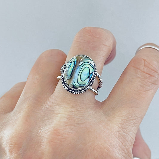 925 Sterling Silver Statement Round Abalone Ring | Seashell & Ocean Jewelry