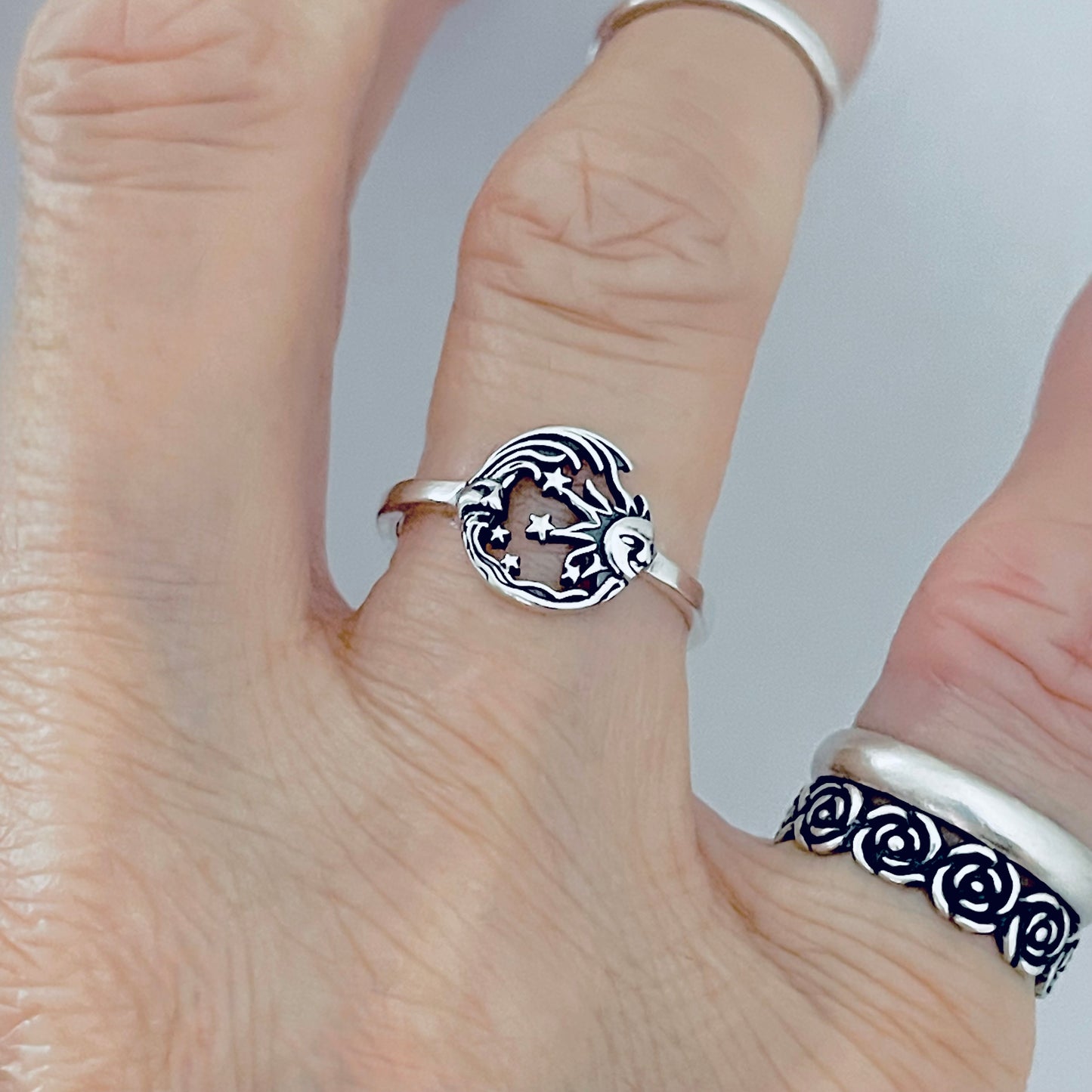 Sterling Silver Dainty Celestial Ring, Moon and Star Rings, Sunshine Jewelry