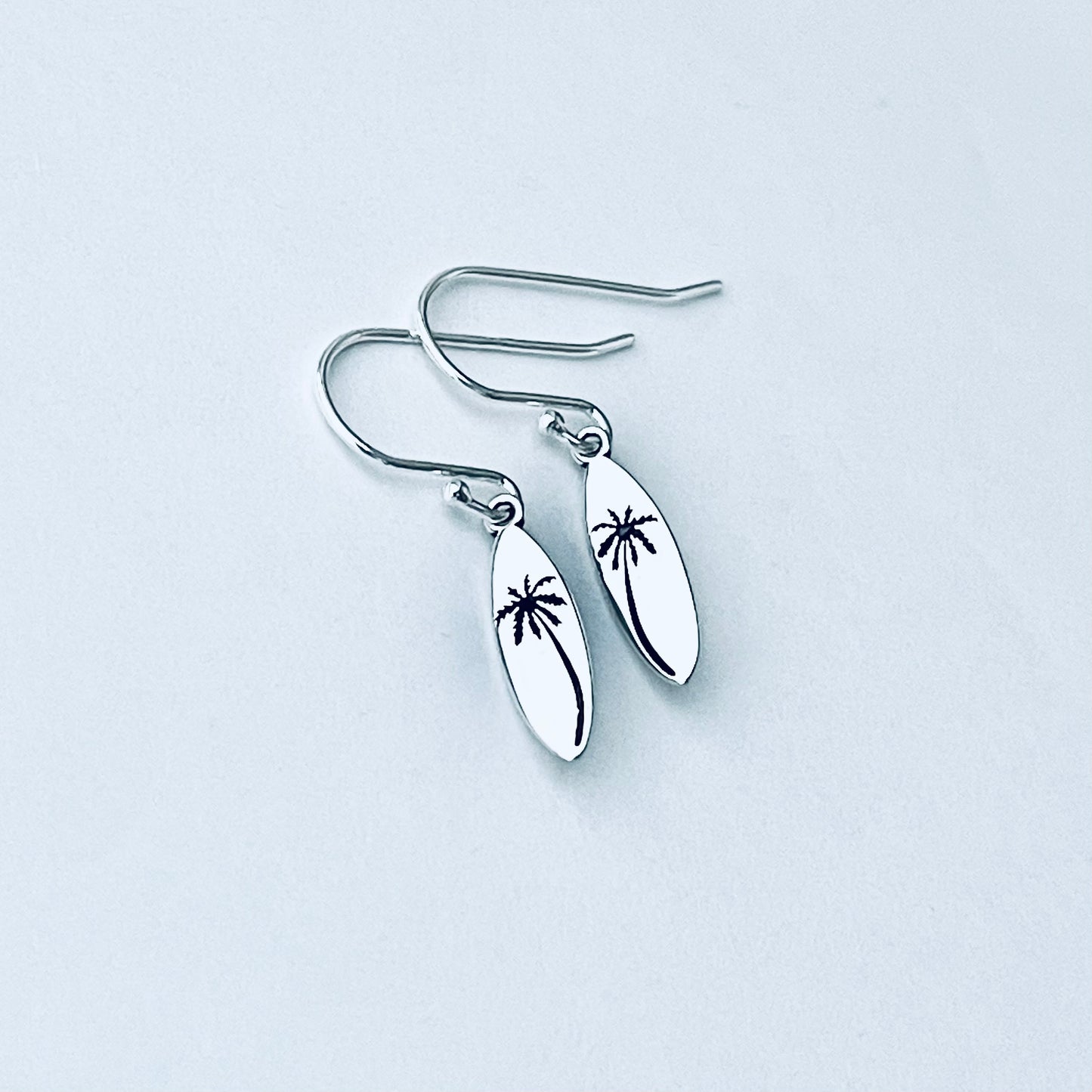 925 Sterling Silver Palm Tree Surfboard Dangle Earrings | Tropical Beach Silver Jewelry