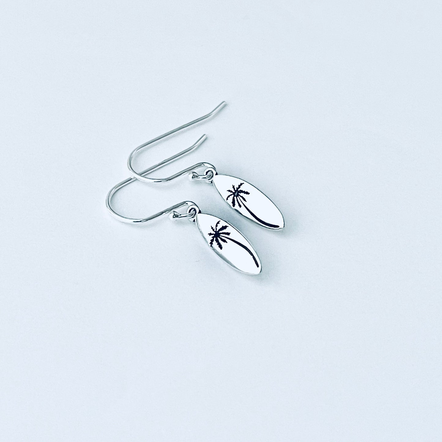 925 Sterling Silver Palm Tree Surfboard Dangle Earrings | Tropical Beach Silver Jewelry