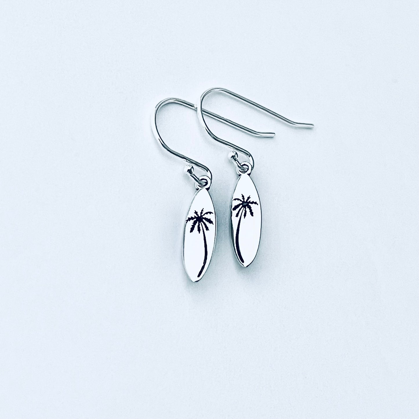 925 Sterling Silver Palm Tree Surfboard Dangle Earrings | Tropical Beach Silver Jewelry