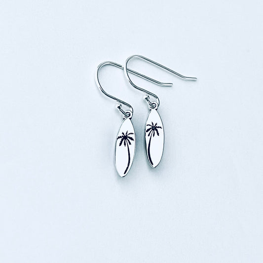 925 Sterling Silver Palm Tree Surfboard Dangle Earrings | Tropical Beach Silver Jewelry
