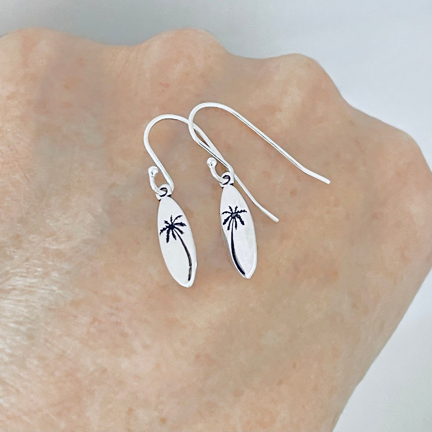 925 Sterling Silver Palm Tree Surfboard Dangle Earrings | Tropical Beach Silver Jewelry
