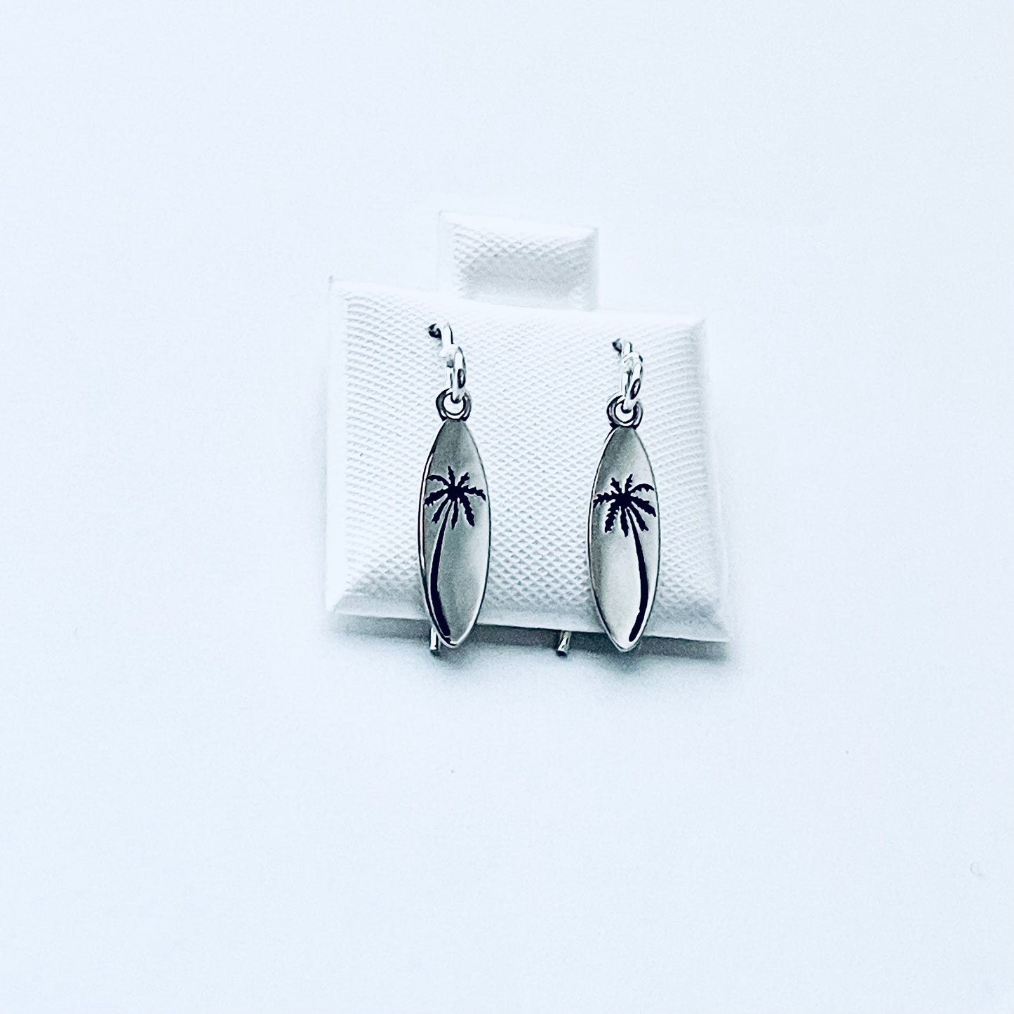 925 Sterling Silver Palm Tree Surfboard Dangle Earrings | Tropical Beach Silver Jewelry