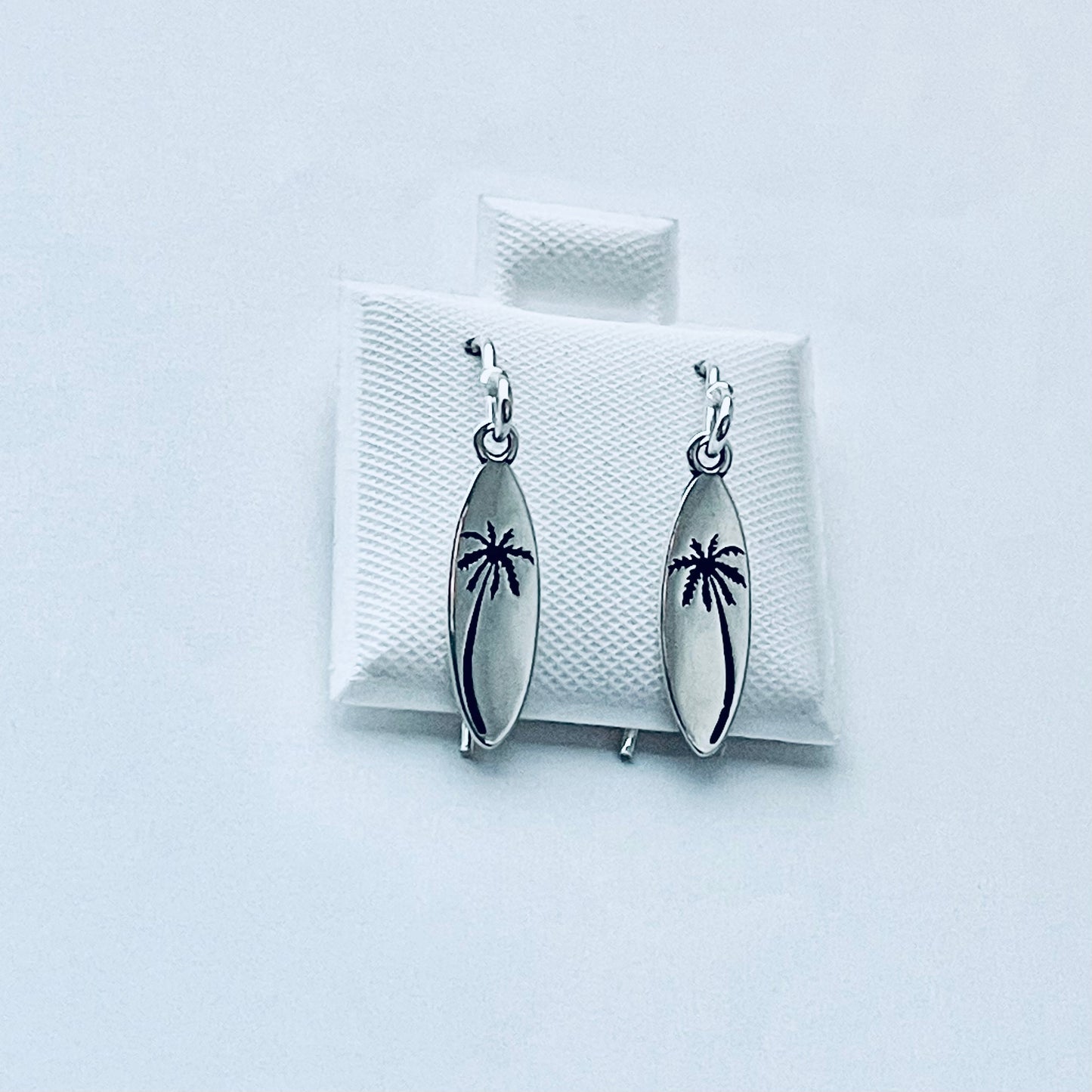 925 Sterling Silver Palm Tree Surfboard Dangle Earrings | Tropical Beach Silver Jewelry