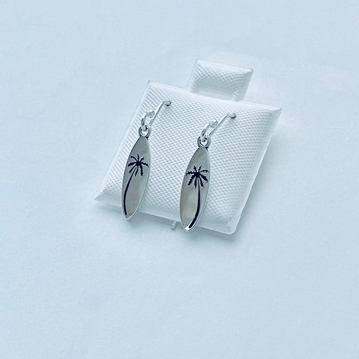 925 Sterling Silver Palm Tree Surfboard Dangle Earrings | Tropical Beach Silver Jewelry
