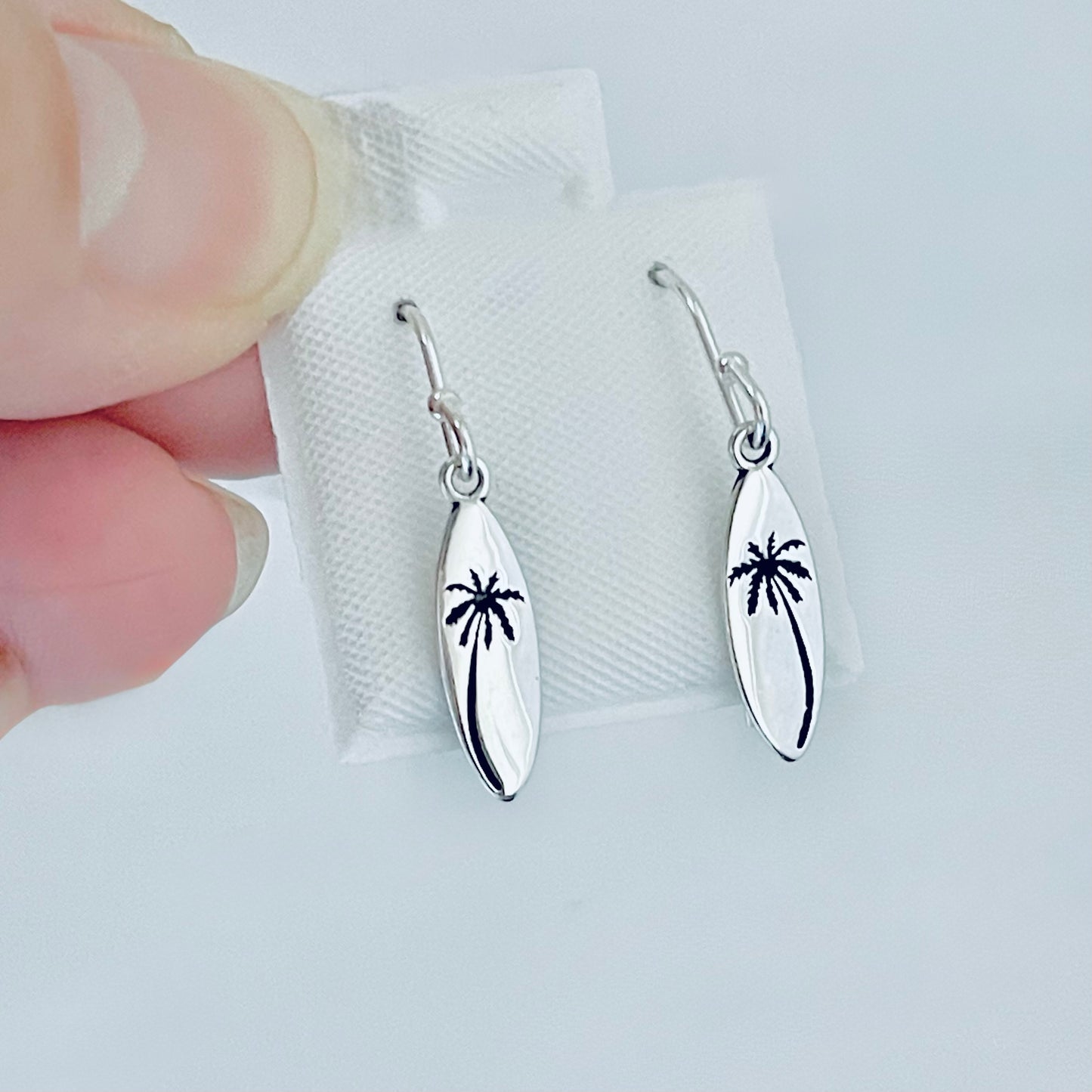 925 Sterling Silver Palm Tree Surfboard Dangle Earrings | Tropical Beach Silver Jewelry