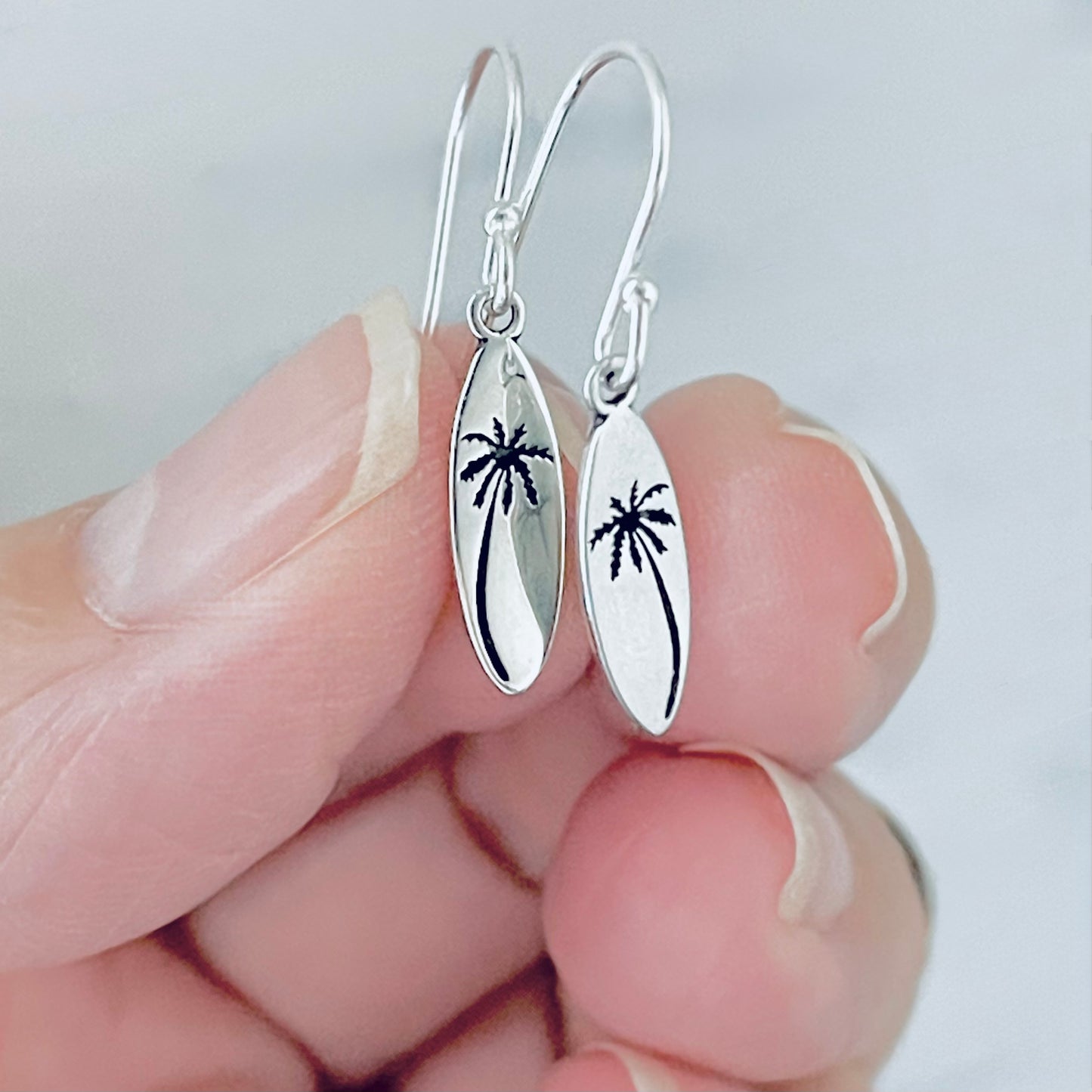 925 Sterling Silver Palm Tree Surfboard Dangle Earrings | Tropical Beach Silver Jewelry