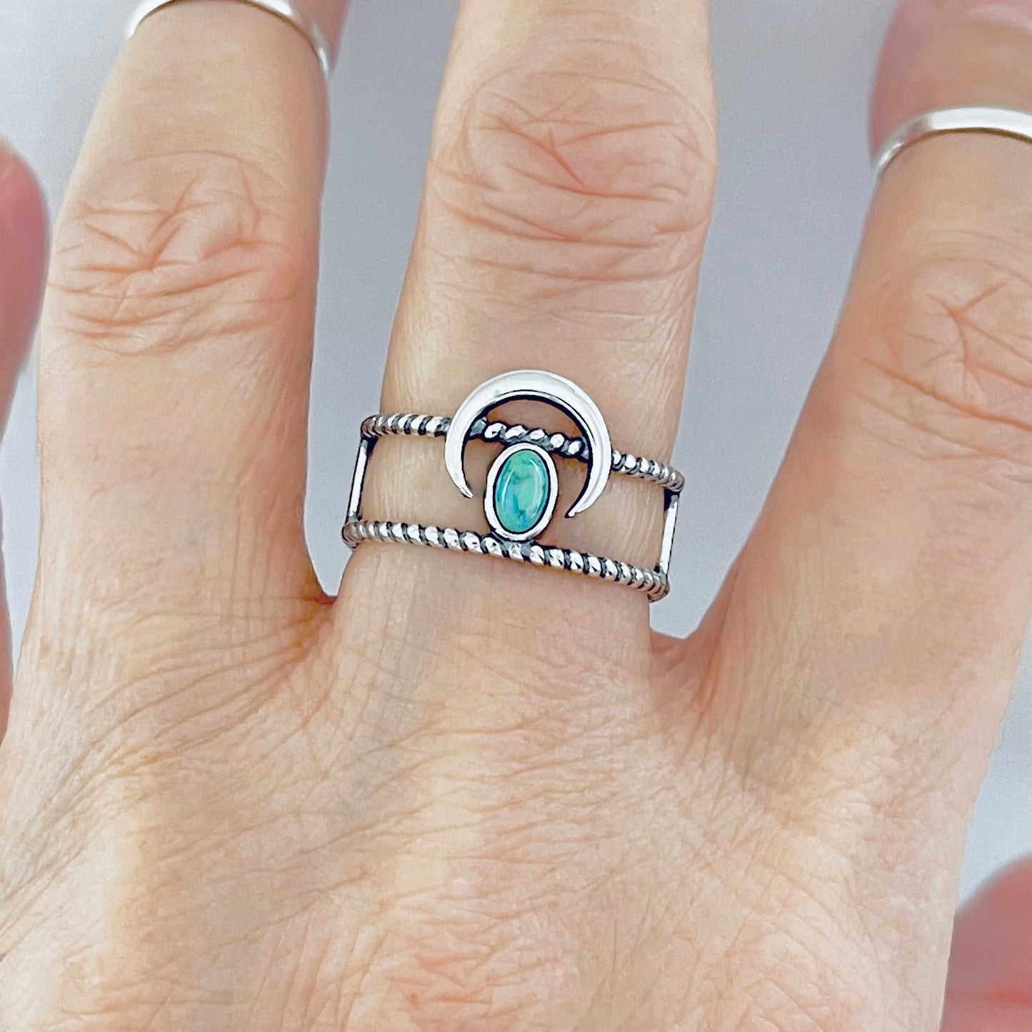 Sterling Silver Rope Caged Band with Crescent Moon and Turquoise Ring, Celestial Jewelry
