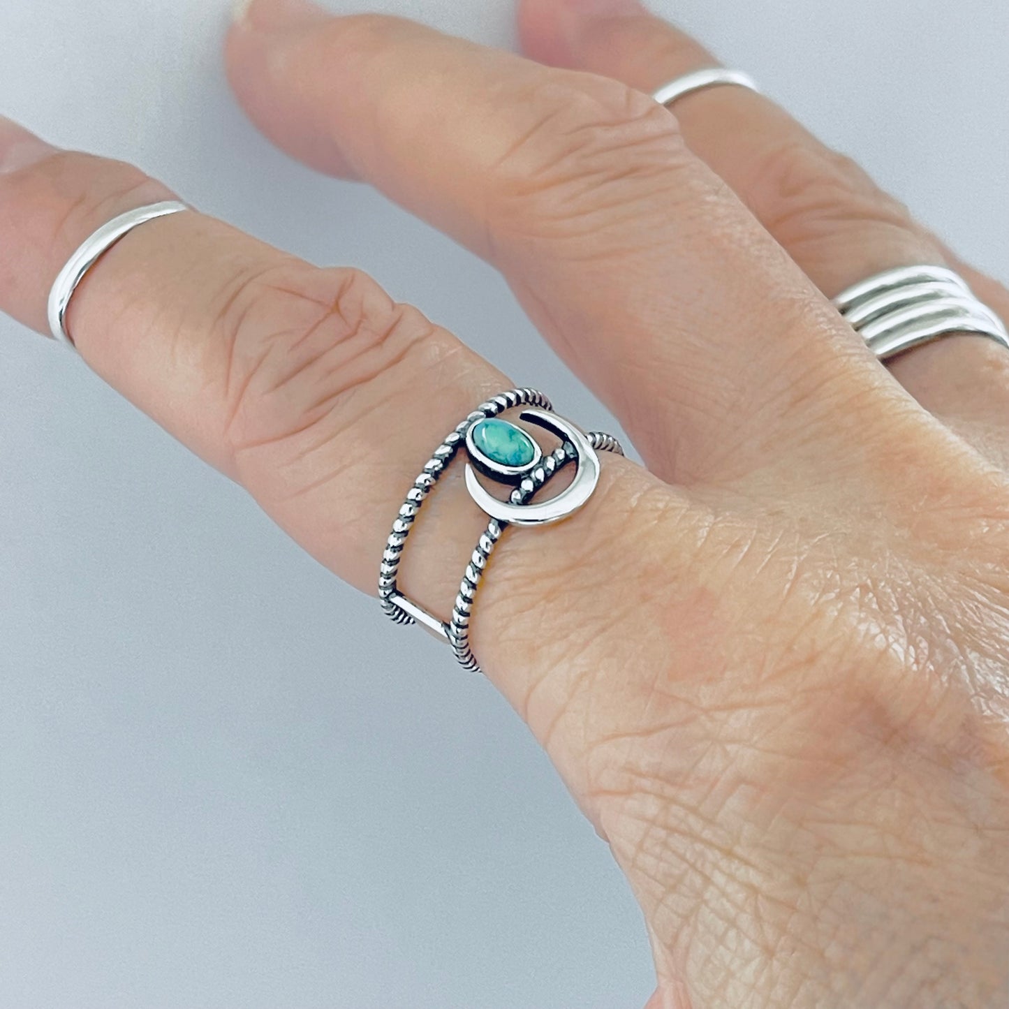 Sterling Silver Rope Caged Band with Crescent Moon and Turquoise Ring, Celestial Jewelry