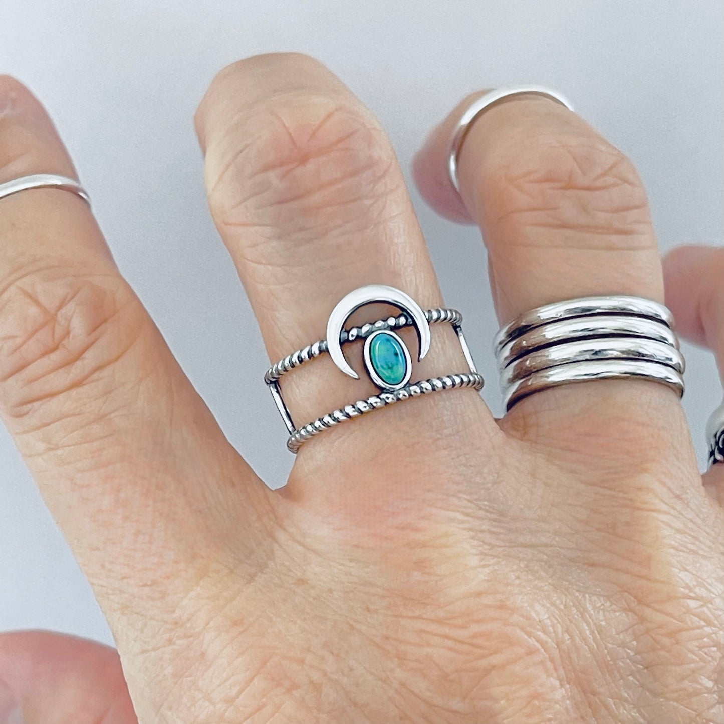 Sterling Silver Rope Caged Band with Crescent Moon and Turquoise Ring, Celestial Jewelry