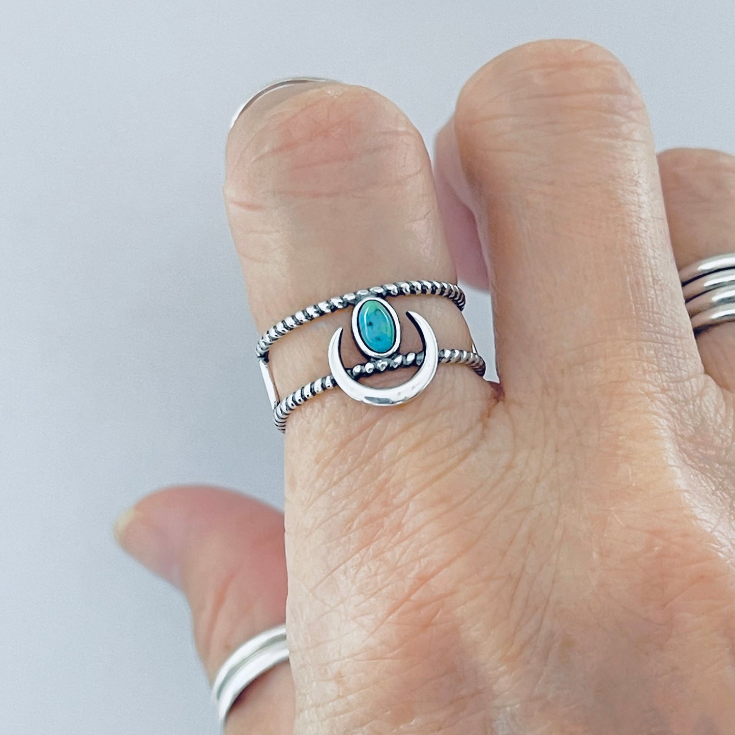 Sterling Silver Rope Caged Band with Crescent Moon and Turquoise Ring, Celestial Jewelry