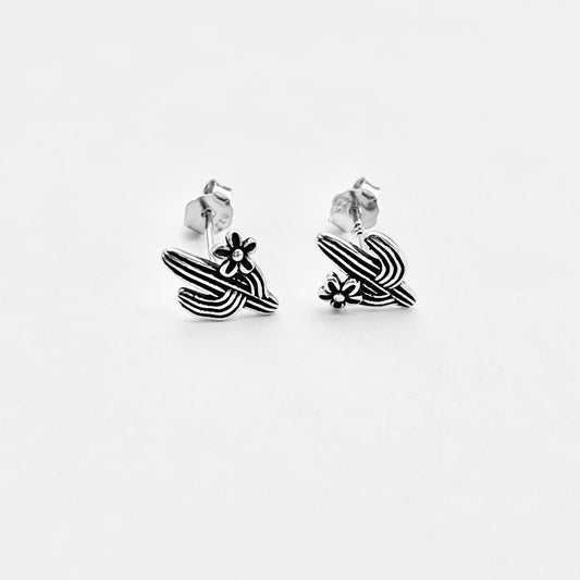 Sterling Silver Cactus Stud Earrings with Flower, Silver Earring, Tree Leaves, Desert Plants
