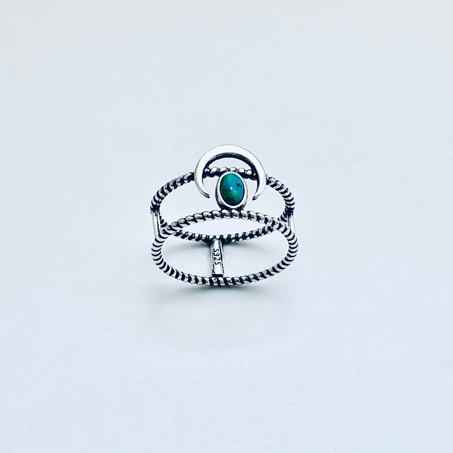 Sterling Silver Rope Caged Band with Crescent Moon and Turquoise Ring, Celestial Jewelry