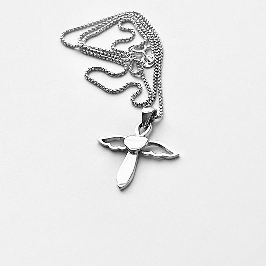 Sterling Silver Heart Angels Wings Cross Necklace, Silver Chain, Religious Jewelry