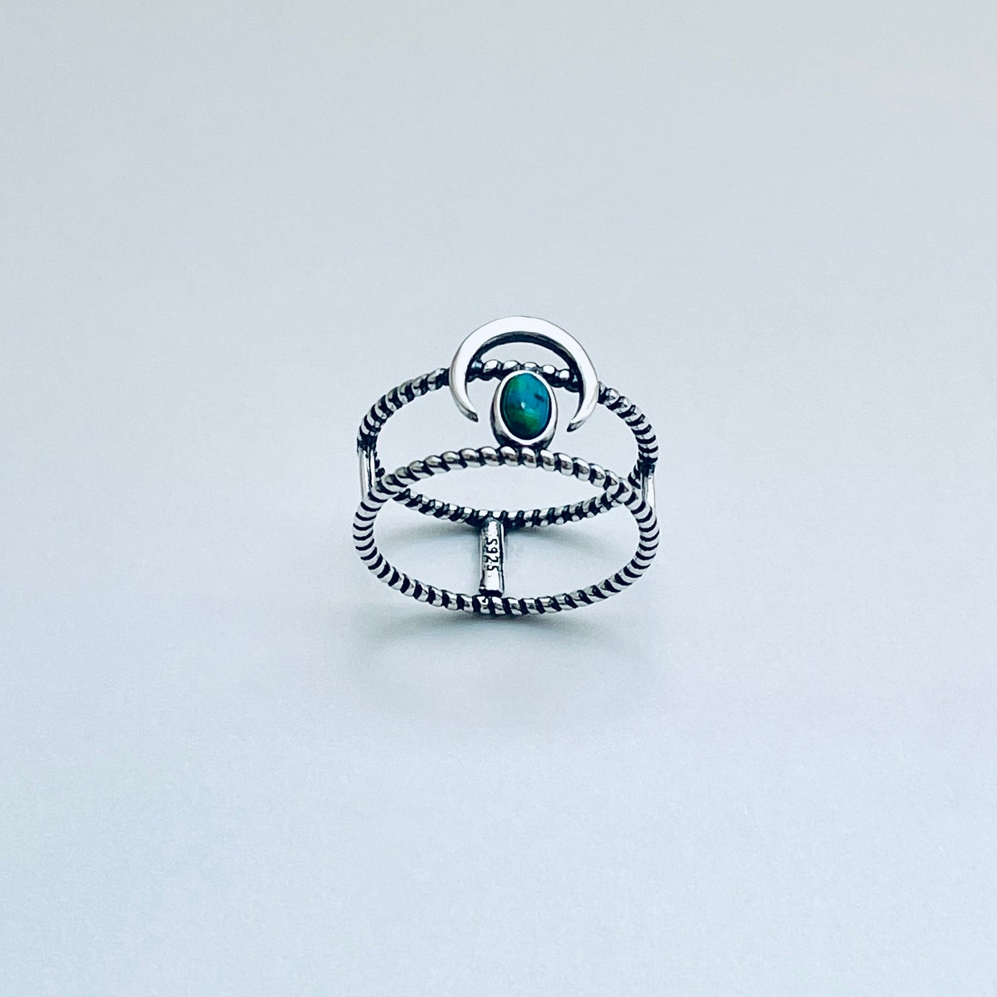 Sterling Silver Rope Caged Band with Crescent Moon and Turquoise Ring, Celestial Jewelry