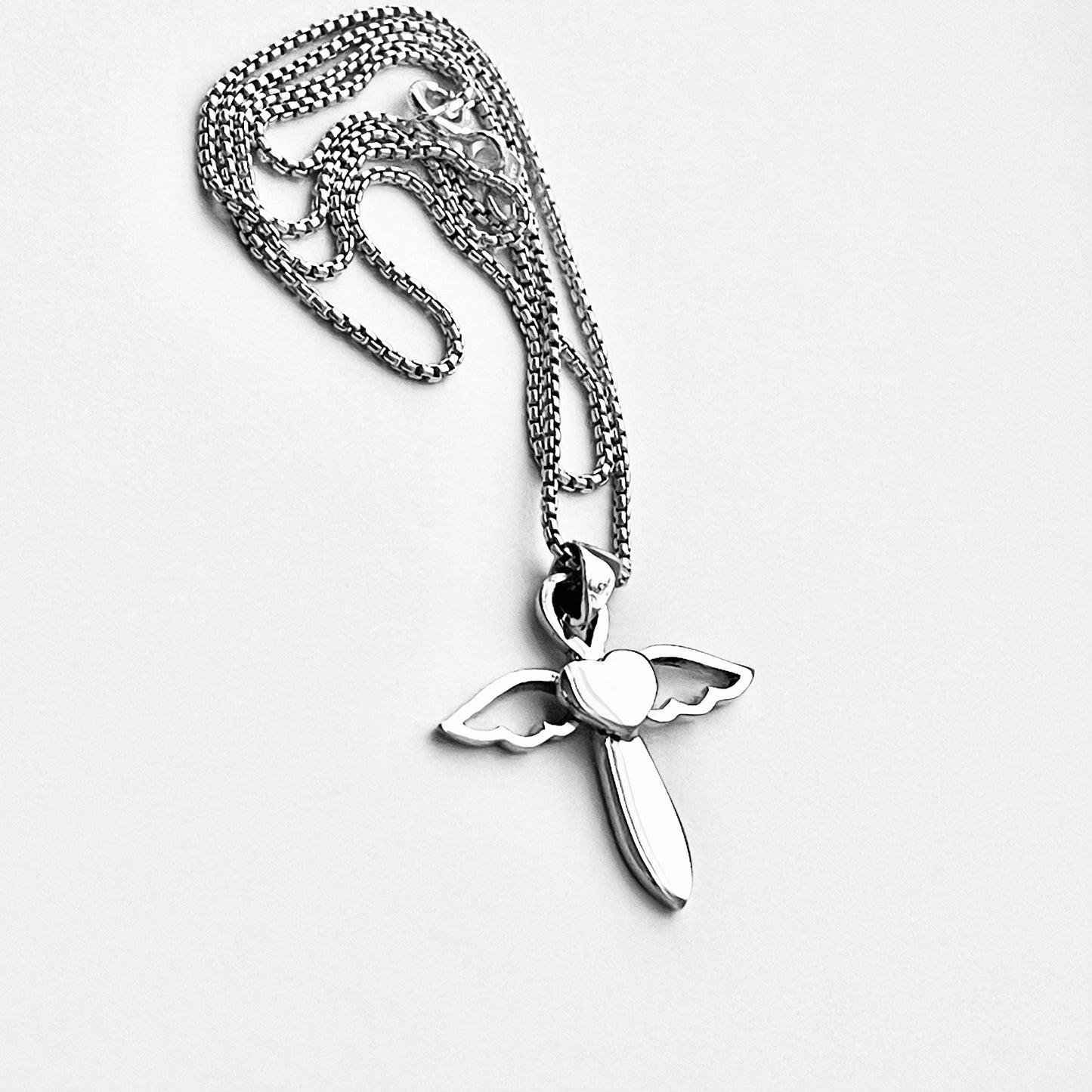 Sterling Silver Heart Angel Wings Cross Necklace | Religious Dainty Jewelry