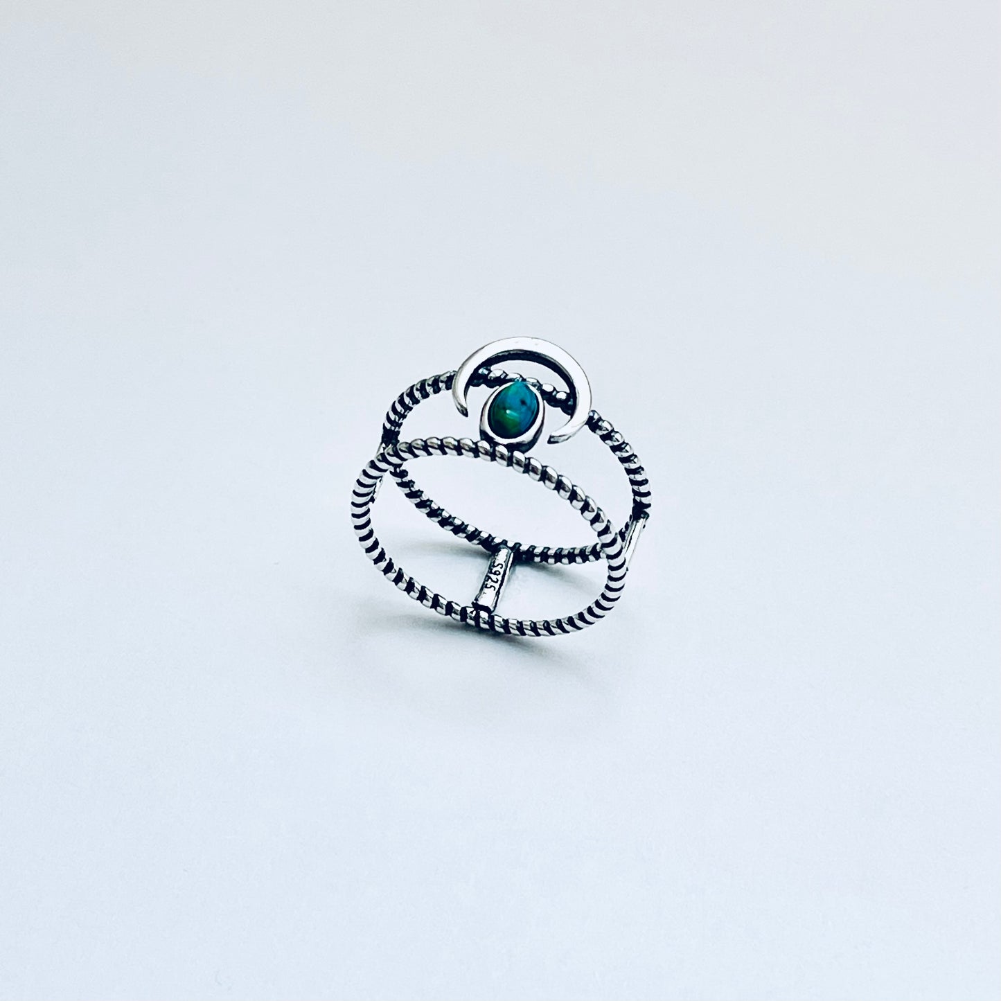 Sterling Silver Rope Caged Band with Crescent Moon and Turquoise Ring, Celestial Jewelry