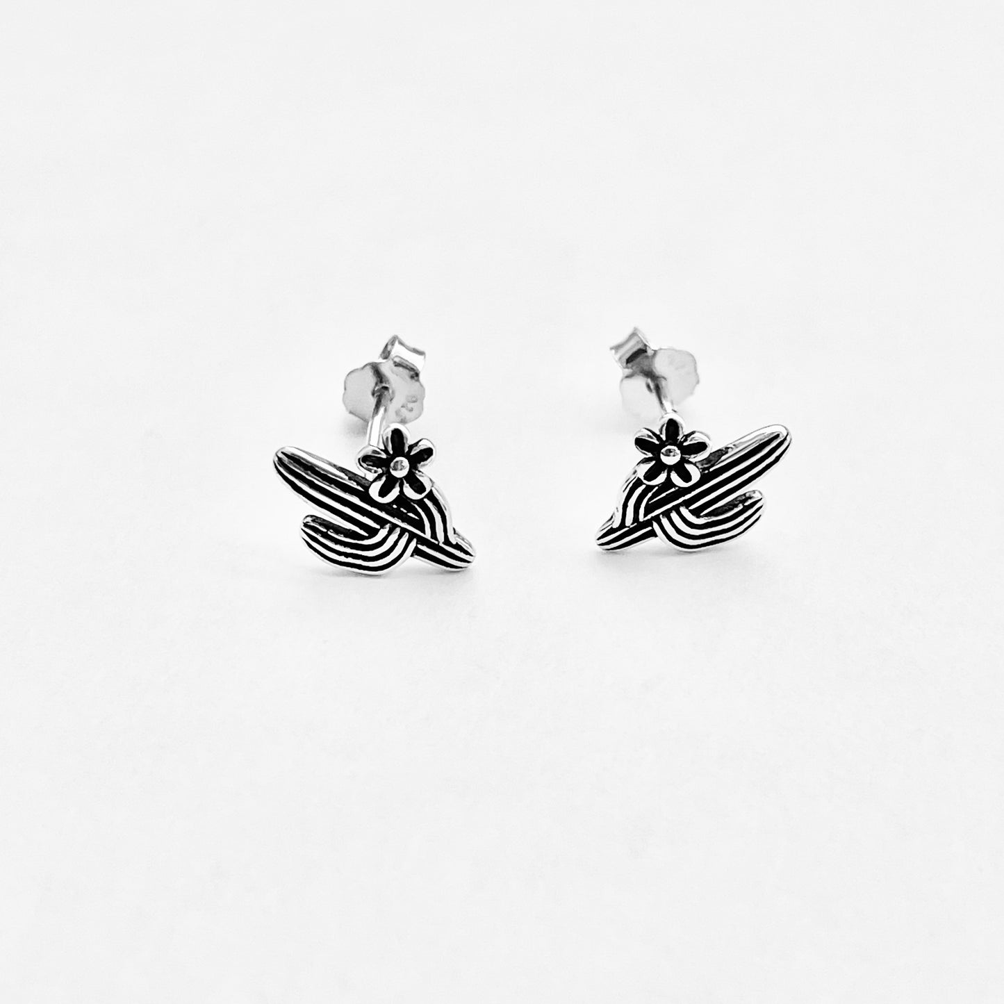 Sterling Silver Cactus Stud Earrings with Flower, Silver Earring, Tree Leaves, Desert Plants