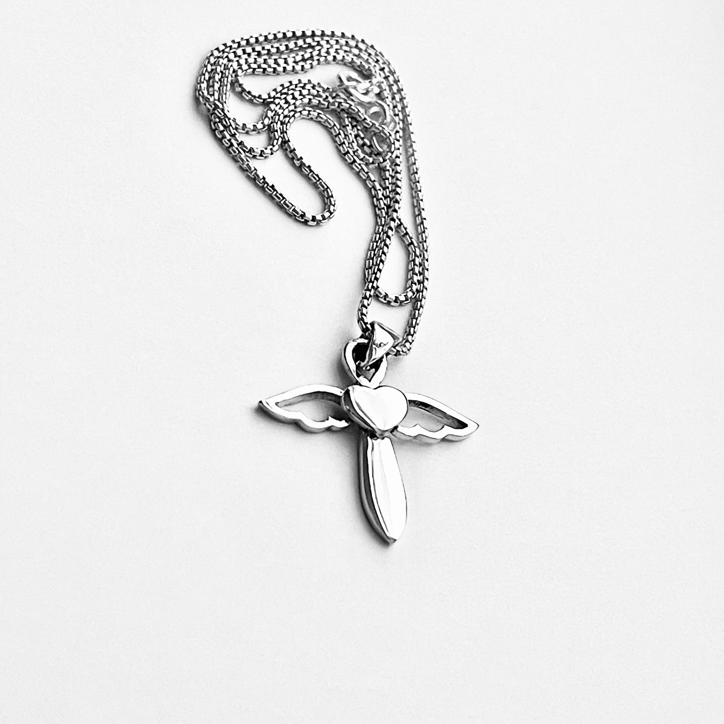 Sterling Silver Heart Angel Wings Cross Necklace | Religious Dainty Jewelry
