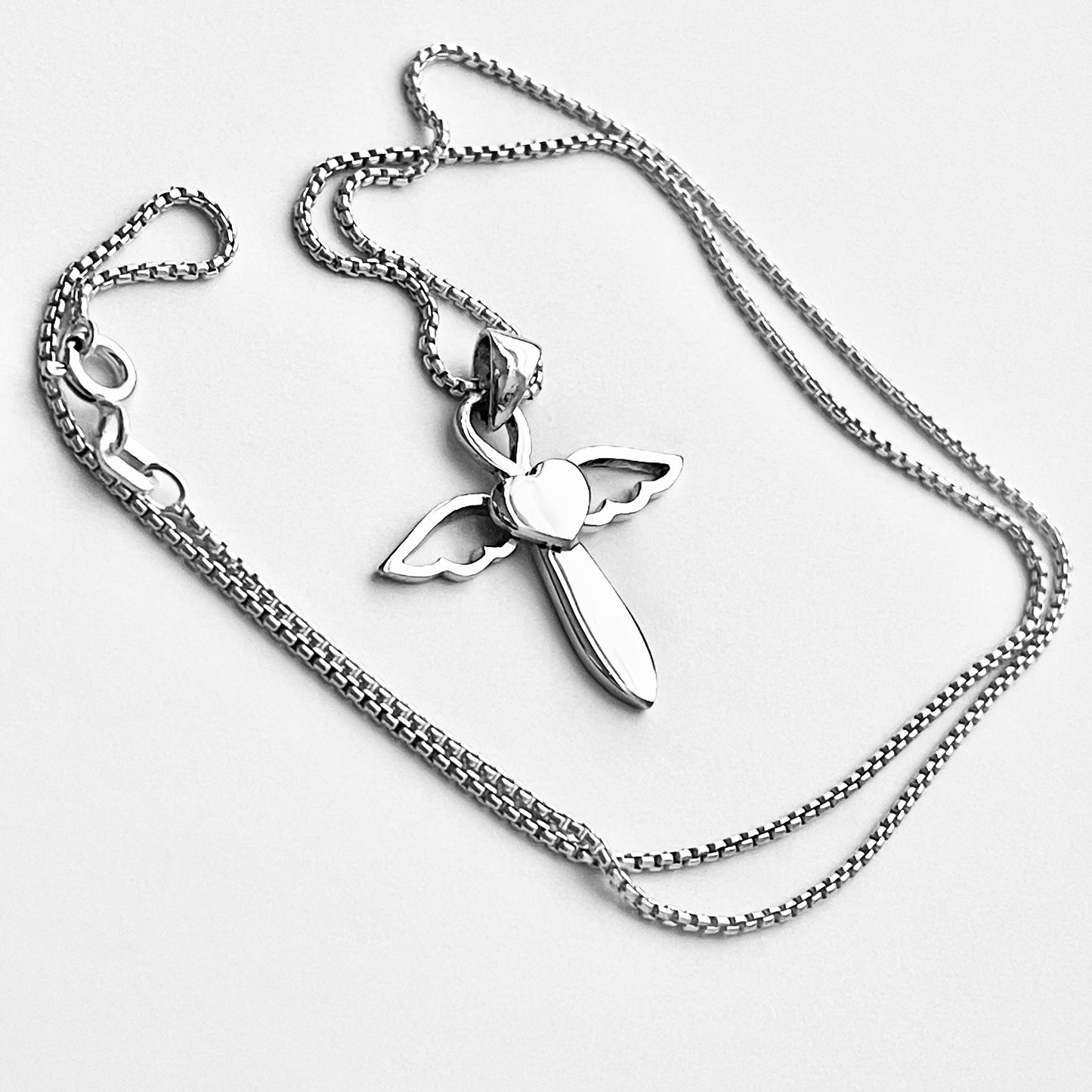 Sterling Silver Heart Angel Wings Cross Necklace | Religious Dainty Jewelry