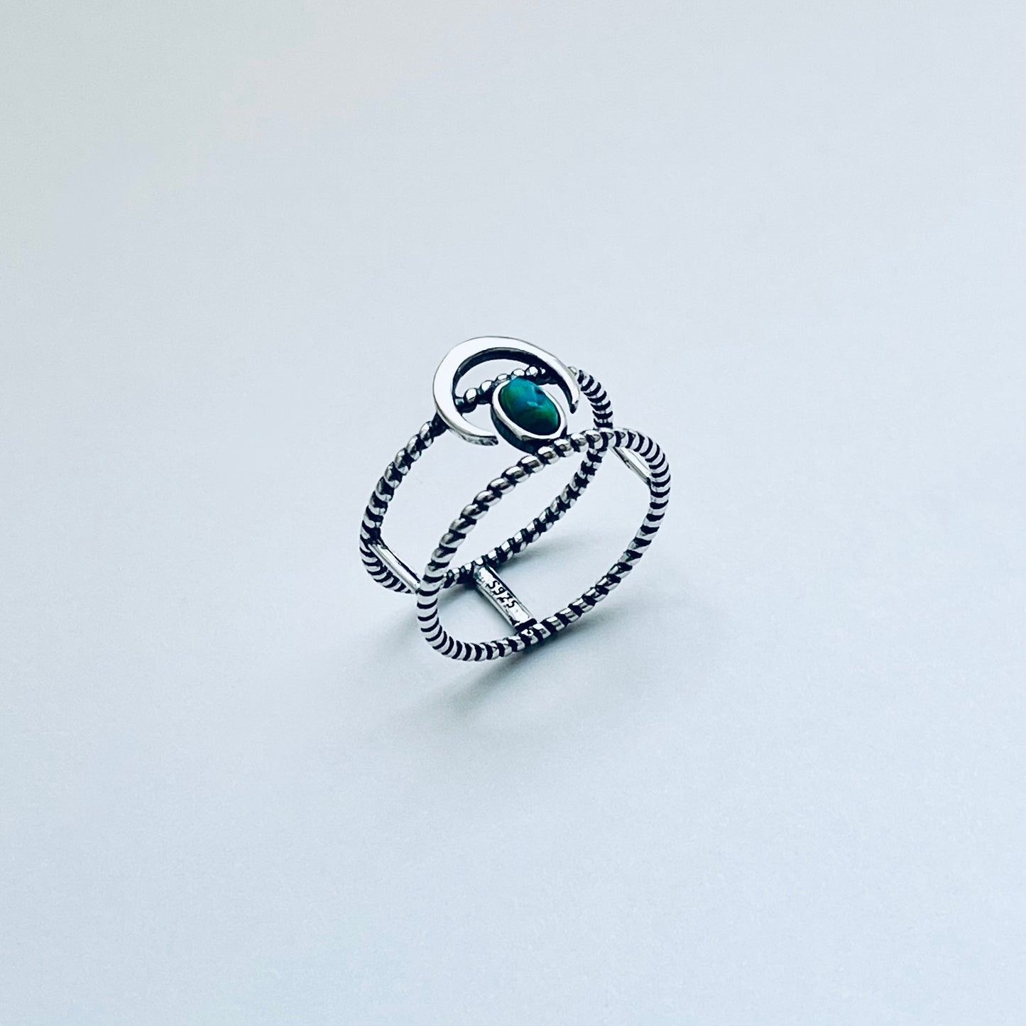 Sterling Silver Rope Caged Band with Crescent Moon and Turquoise Ring, Celestial Jewelry