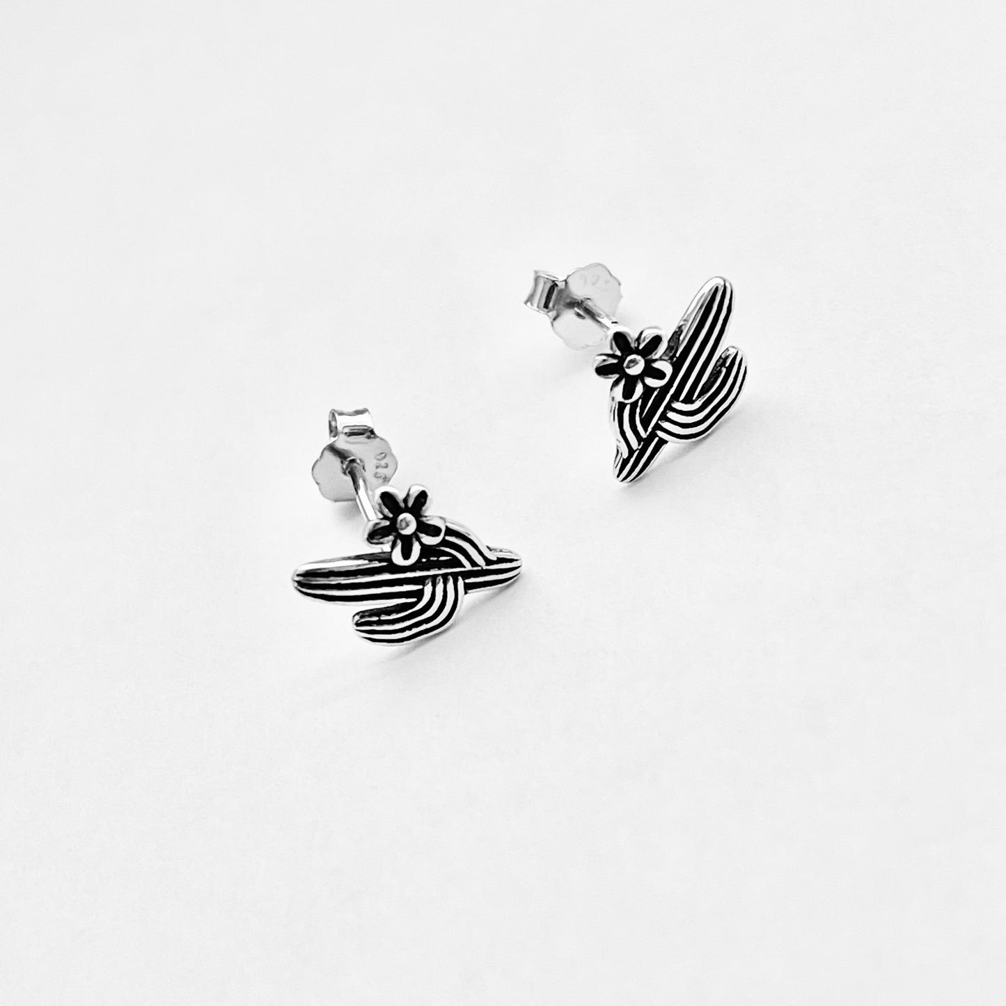Sterling Silver Cactus Stud Earrings with Flower, Silver Earring, Tree Leaves, Desert Plants